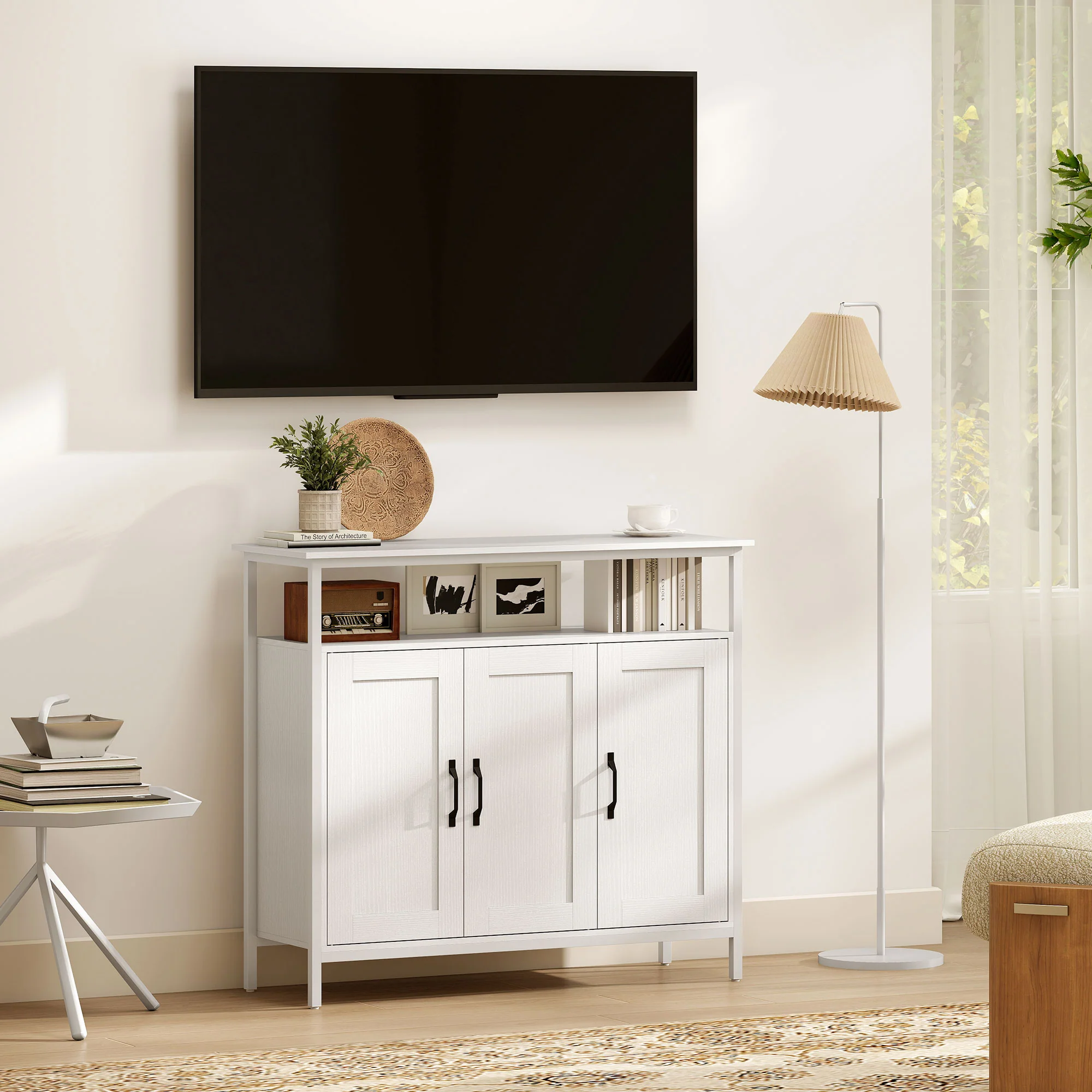HOMCOM Industrial Kitchen Sideboard with Open Shelf & 2 Cabinets, White - Image 8