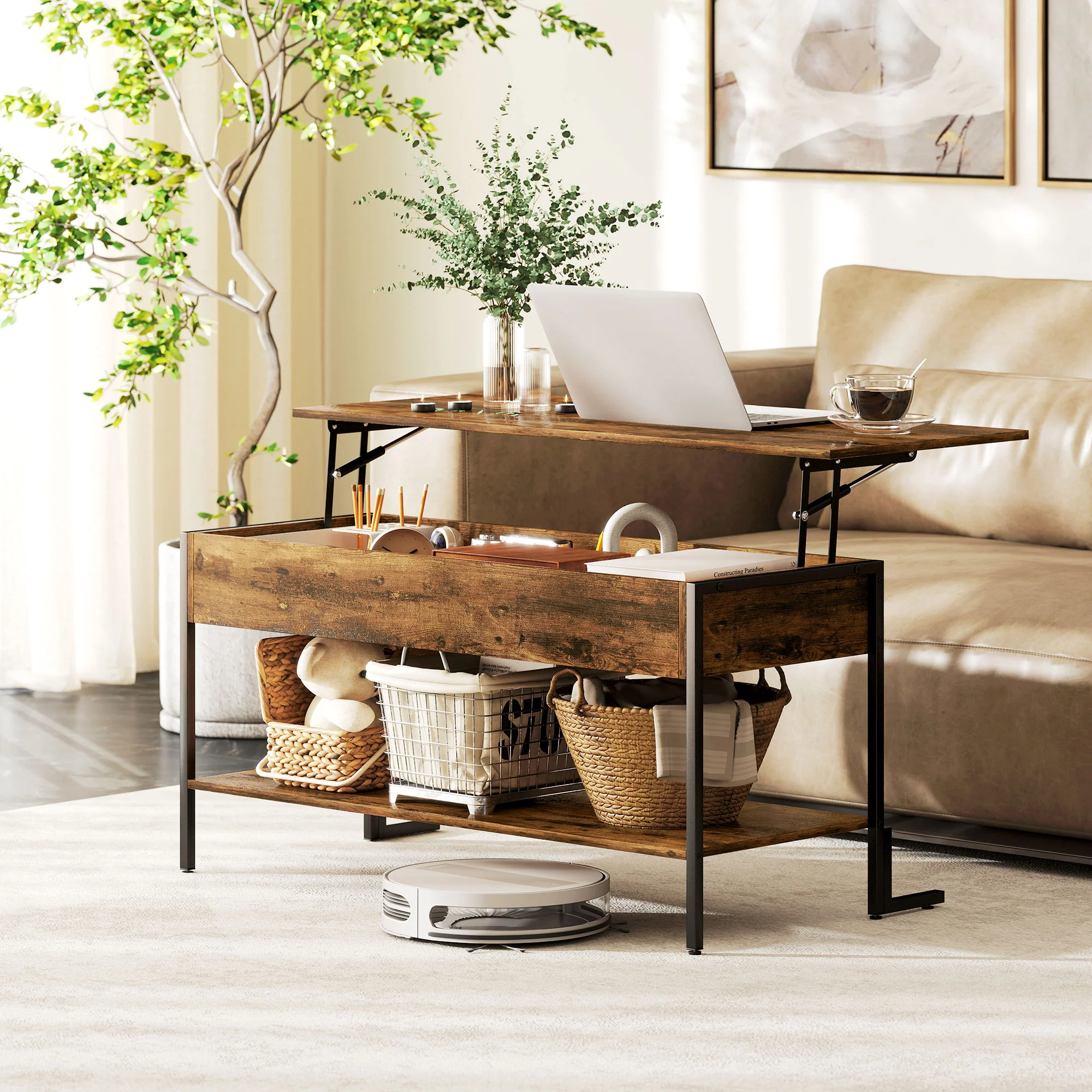 HOMCOM Industrial Lift Top Coffee Table With Storage Shelf Rustic Brown - Image 2