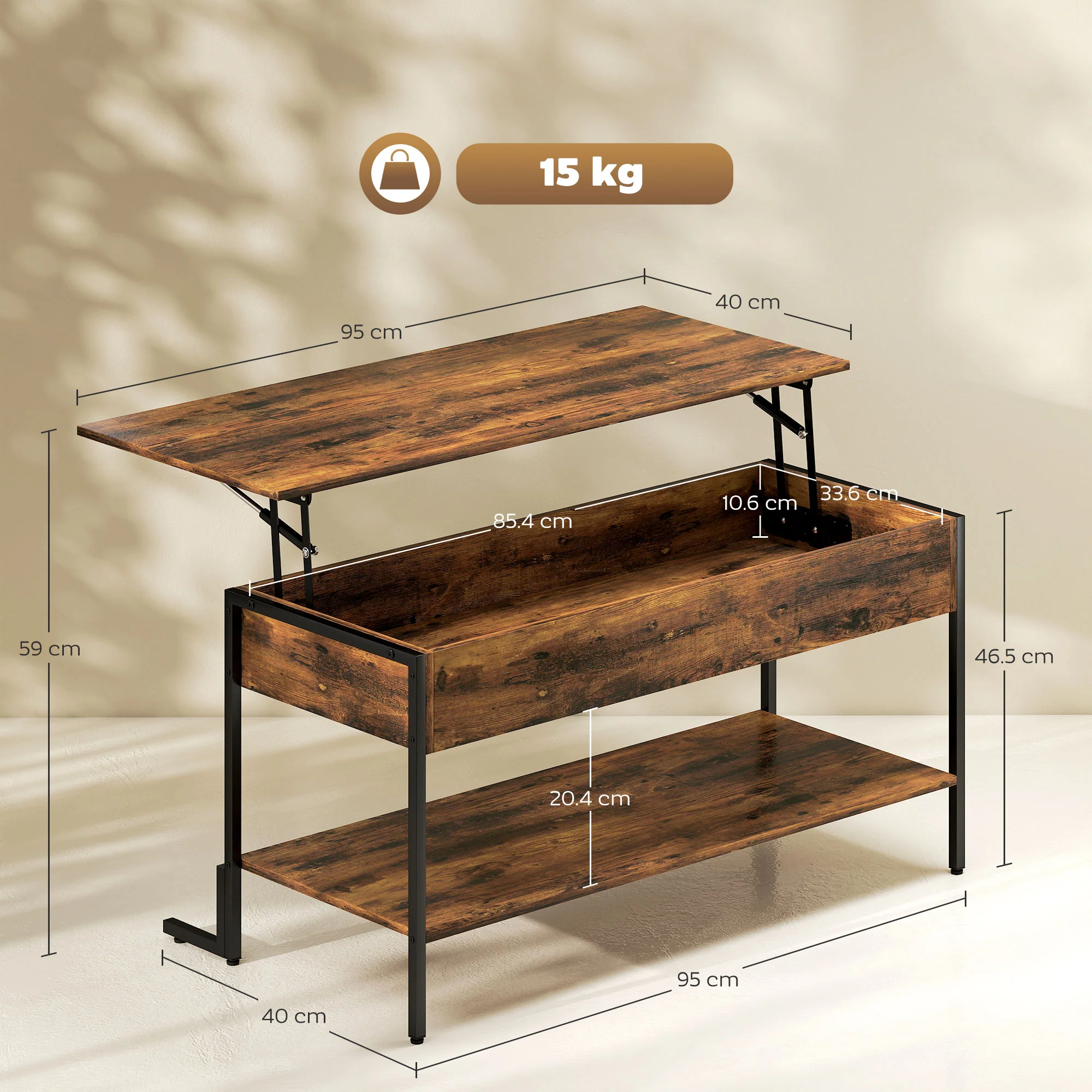 HOMCOM Industrial Lift Top Coffee Table With Storage Shelf Rustic Brown - Image 5