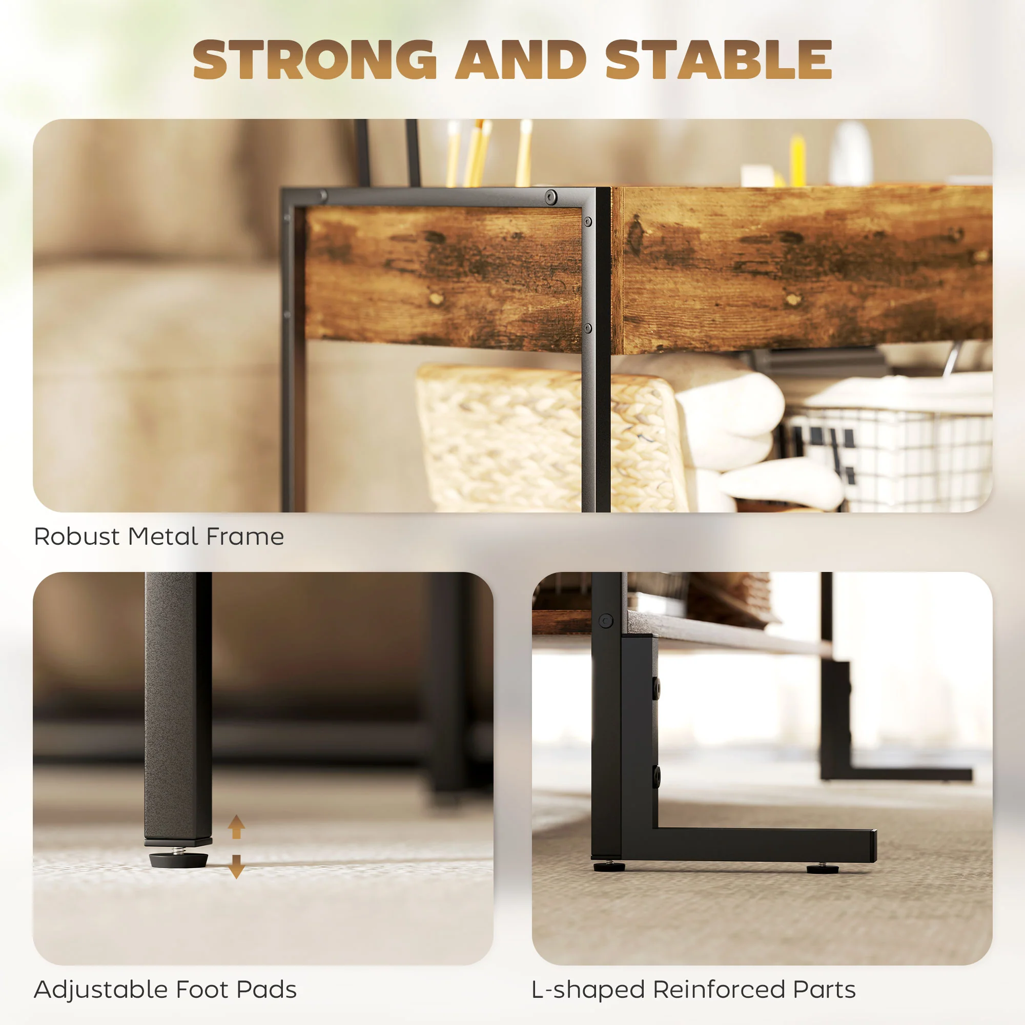 HOMCOM Industrial Lift Top Coffee Table With Storage Shelf Rustic Brown - Image 7