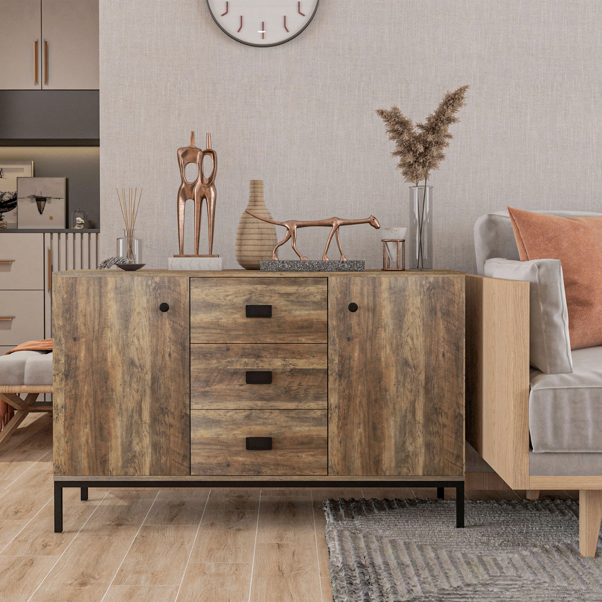 HOMCOM Industrial Sideboard, Storage Cabinet, Accent Cupboard Distressed Brown - Image 2