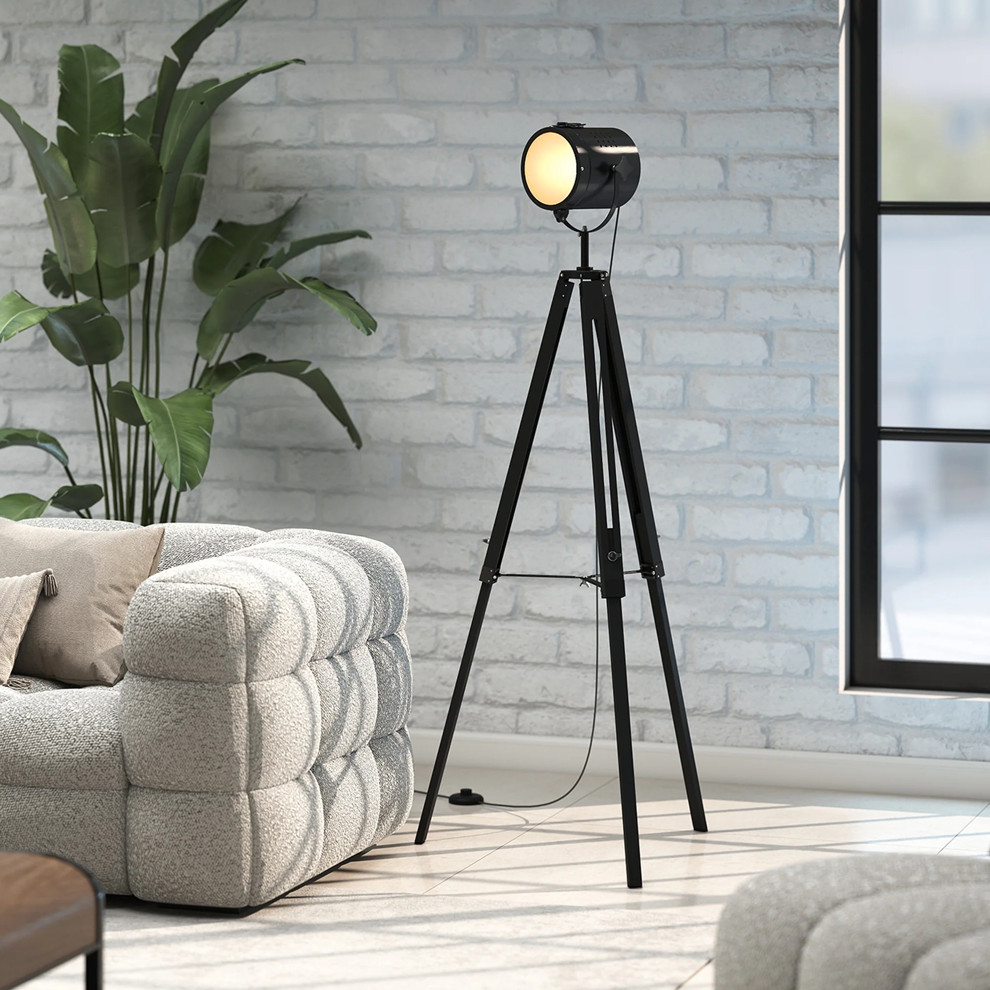 HOMCOM Industrial Tripod Floor Lamp Wood Height Adjustable Spotlight, Black - Image 9
