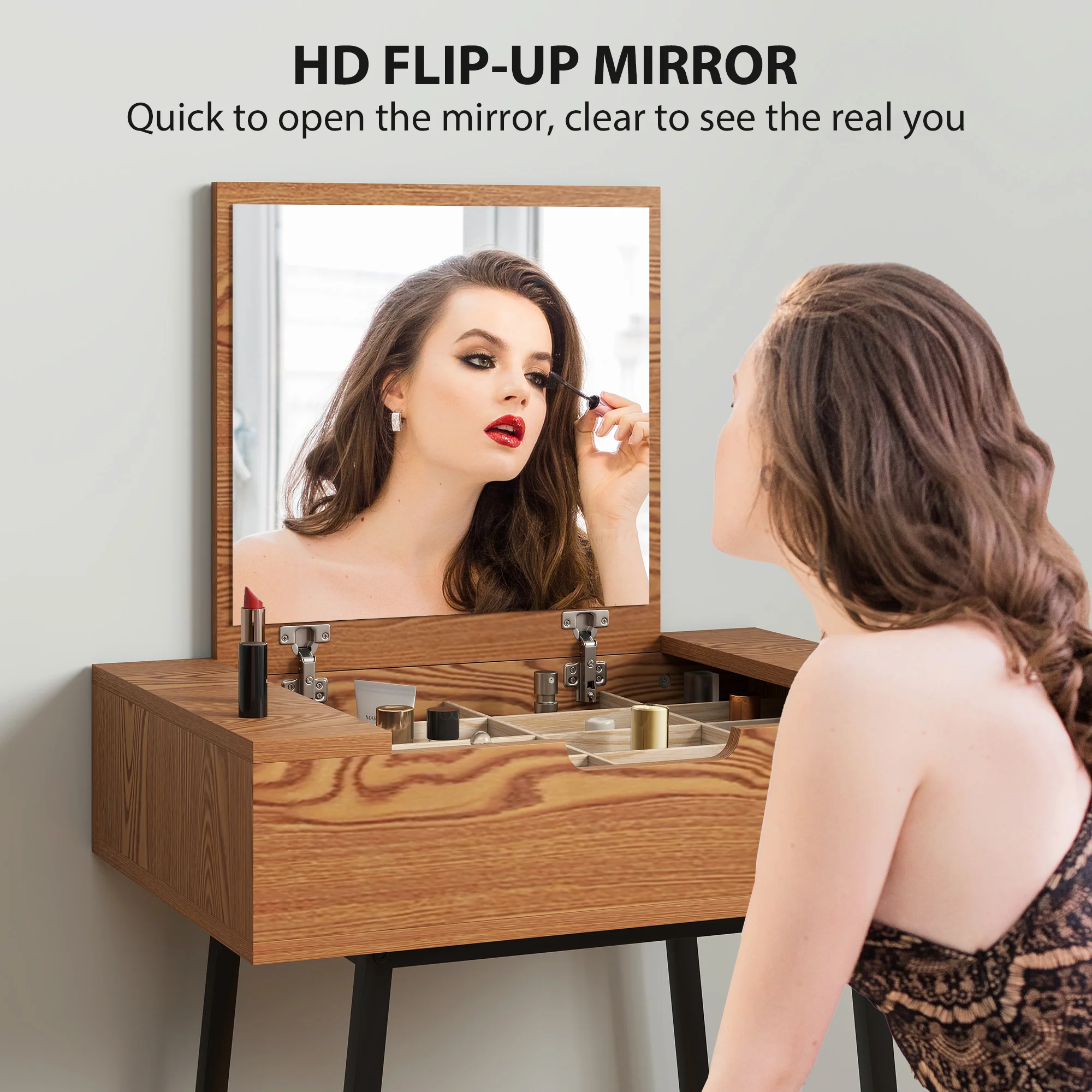 HOMCOM Industrial Vanity Desk with Mirror and Steel Legs Natural Wood Effect - Image 3