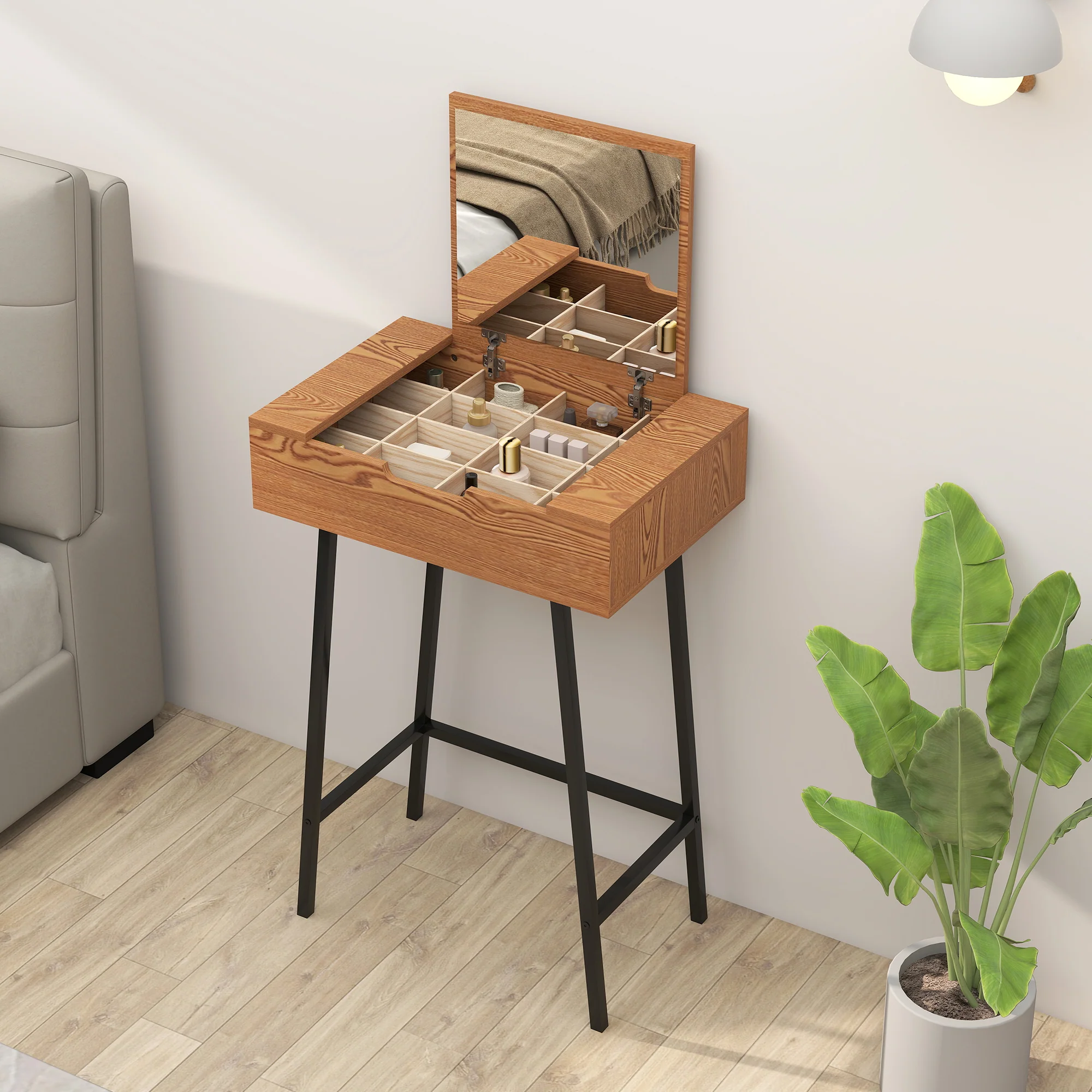 HOMCOM Industrial Vanity Desk with Mirror and Steel Legs Natural Wood Effect - Image 9