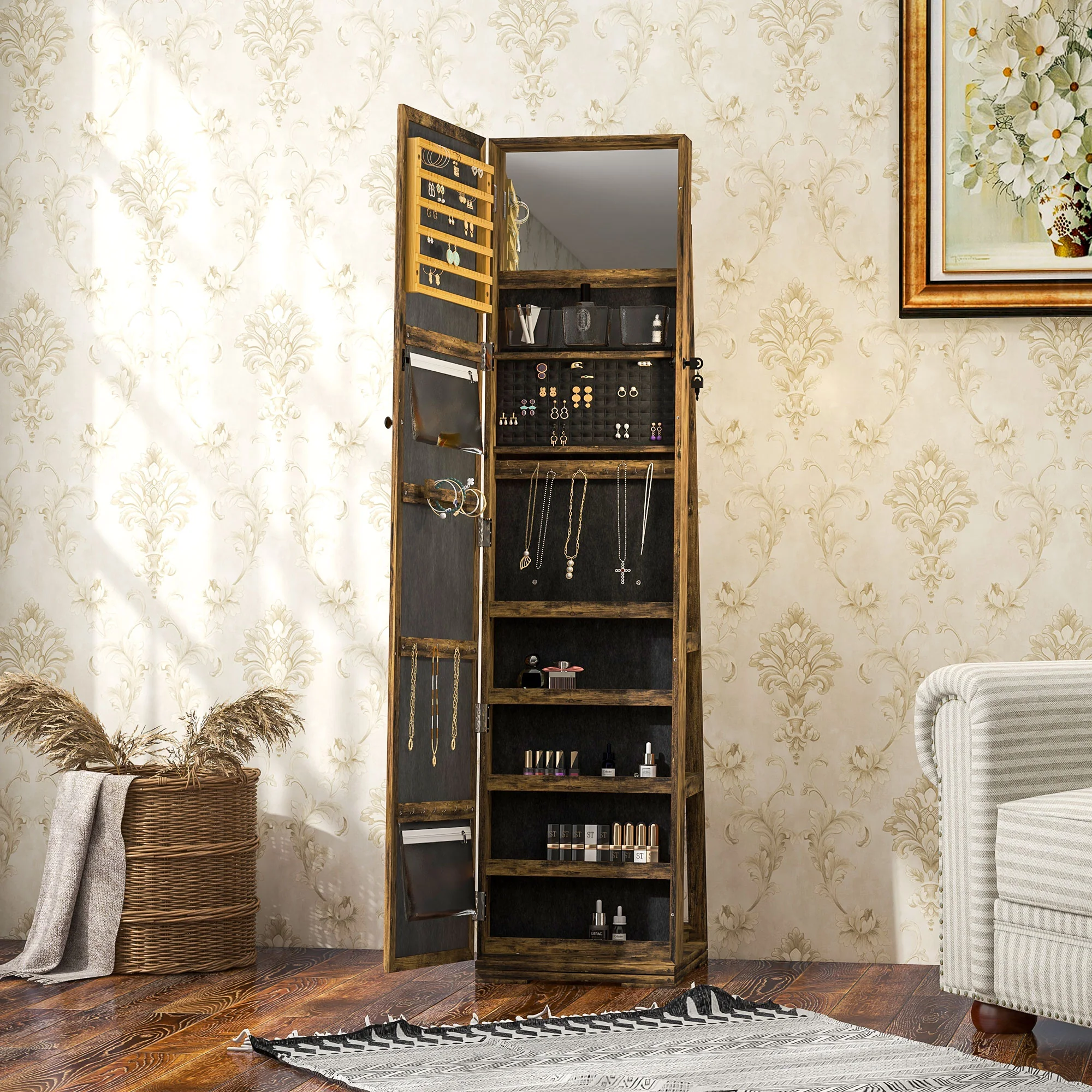 HOMCOM Jewelry Cabinet Full Length Mirror Swivel Lockable Jewelry Organiser - Image 9