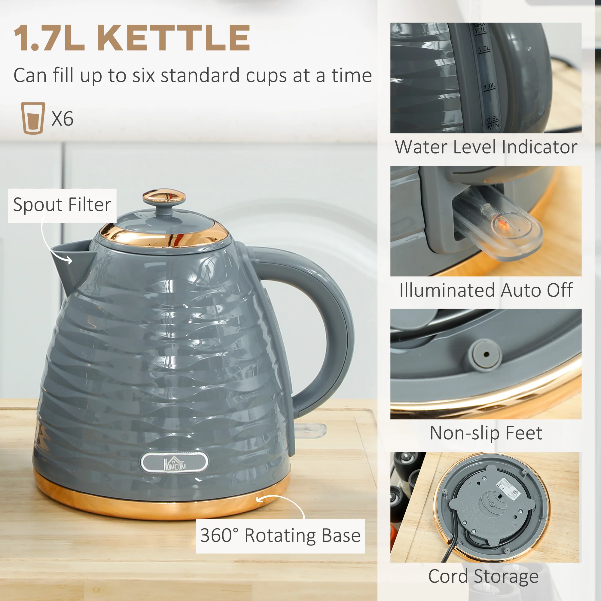 HOMCOM Kettle and Toaster Set 1.7L Rapid Boil Kettle & 2 Slice Toaster - Image 12