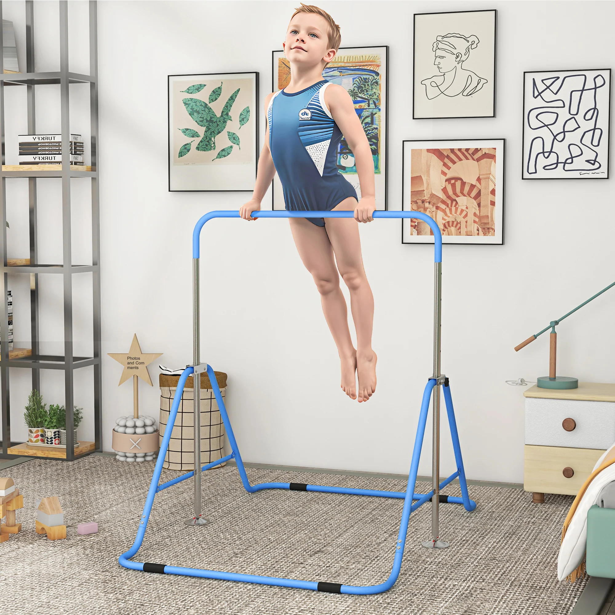 HOMCOM Kids Gymnastic Bar w/ Adjustable Height, Foldable Training Bar - Blue - Image 2