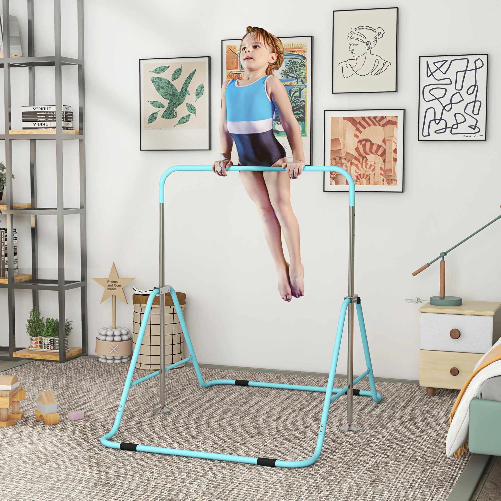 HOMCOM Kids Pink Gymnastic Bar W/ Adjustable Height, Foldable Training Bar - Image 11
