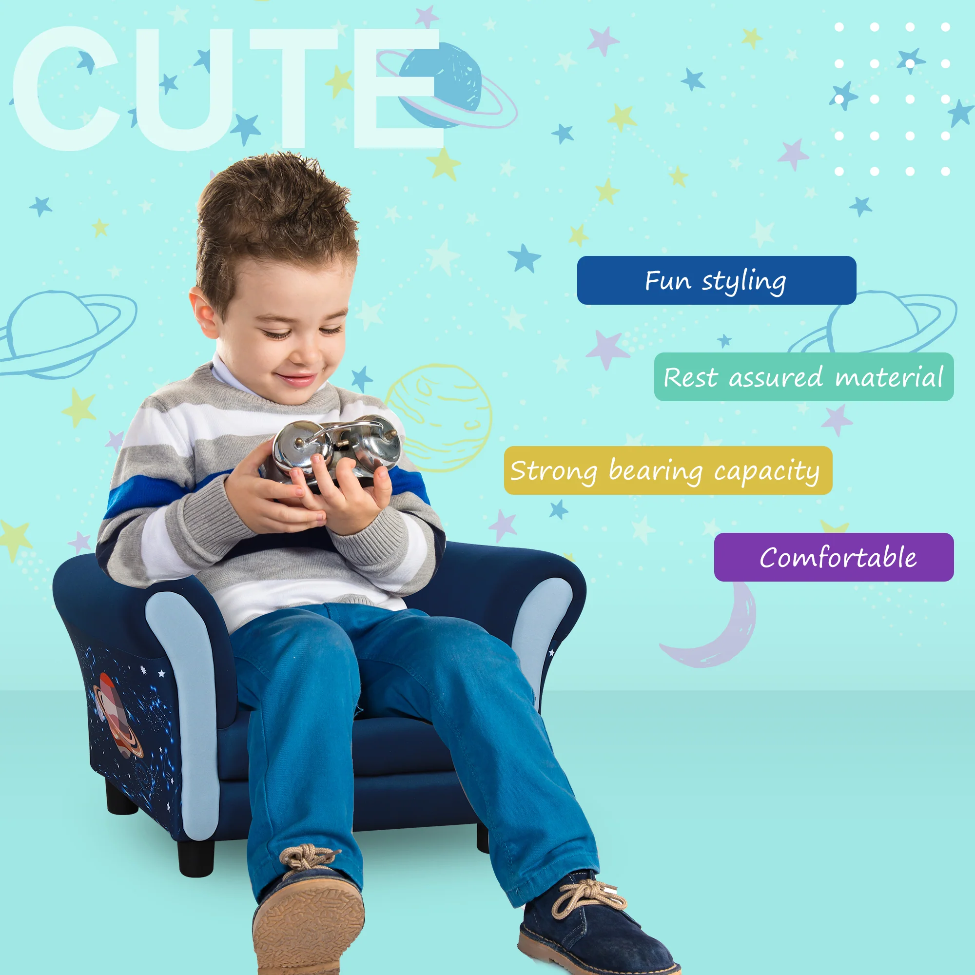HOMCOM Kids Polyester Upholstered Outer-Space Armchair Blue/Yellow - Image 3
