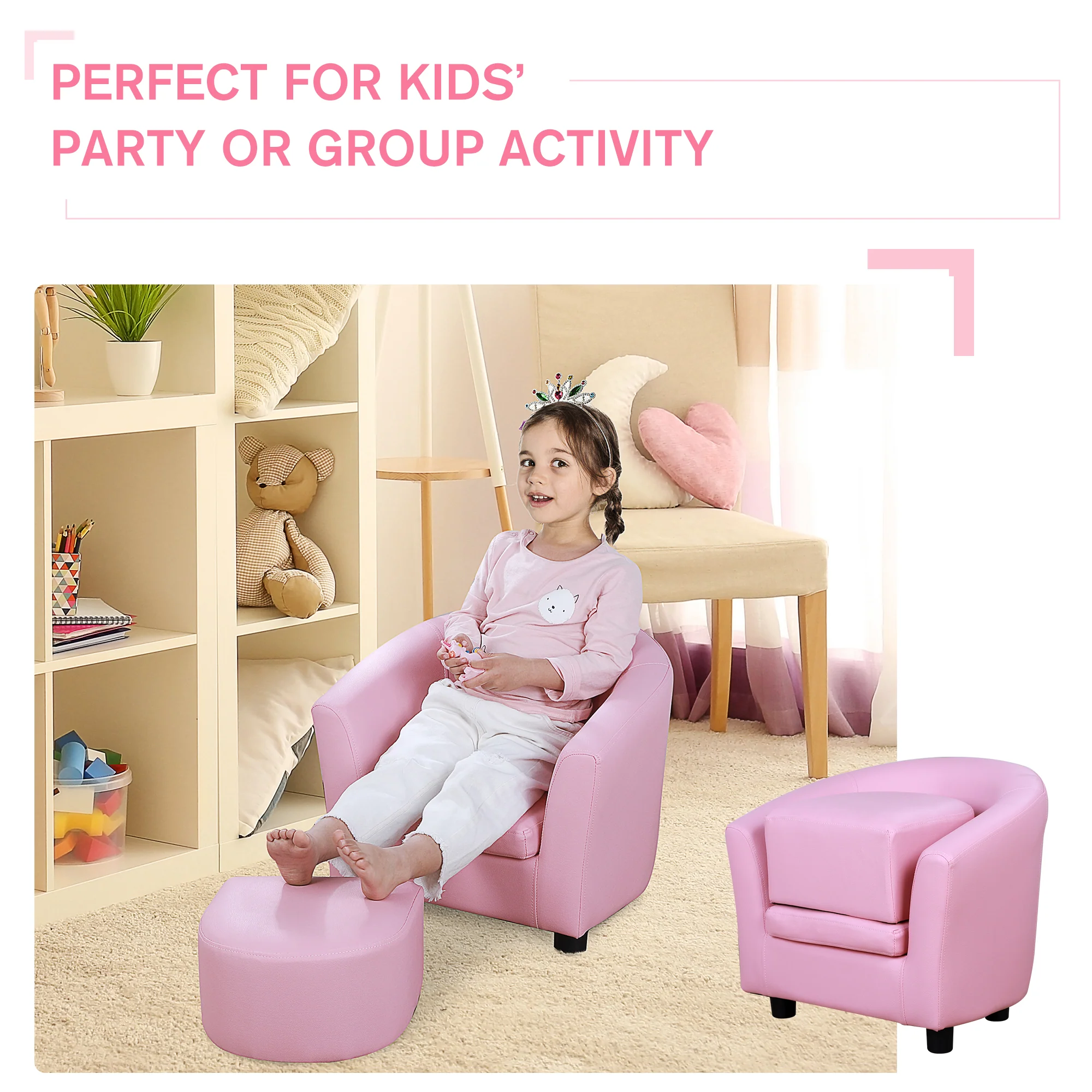 HOMCOM Kids PVC Upholstered Armchair w/ Foot Stool Pink - Image 5