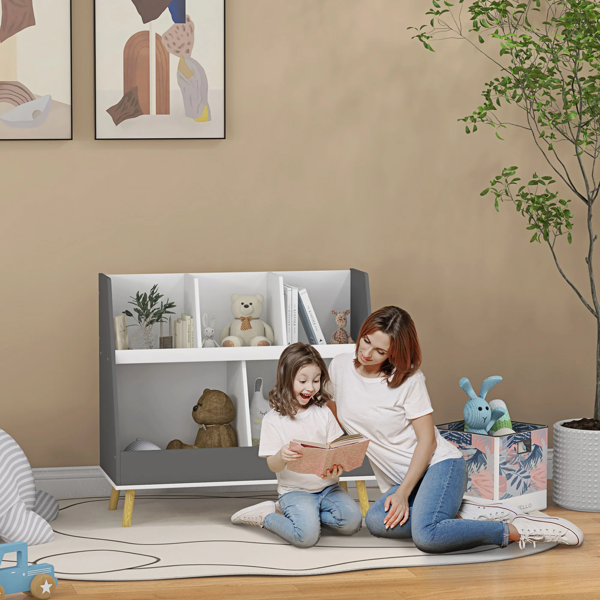 HOMCOM Kids Storage Shelf with 5 Compartments, Anti-Tip Device, Grey - Image 2
