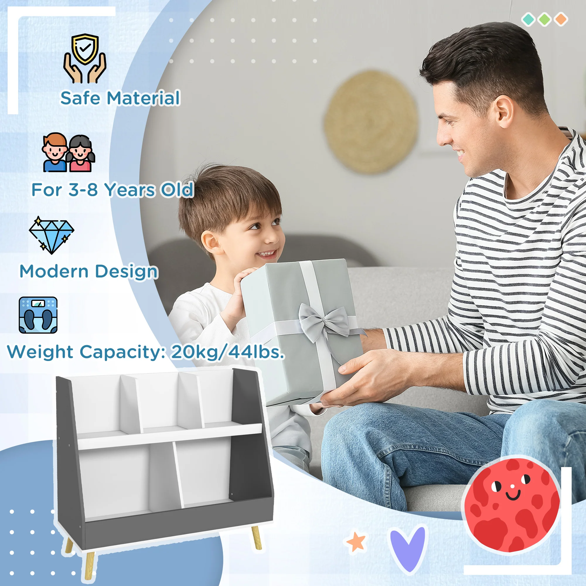 HOMCOM Kids Storage Shelf with 5 Compartments, Anti-Tip Device, Grey - Image 7