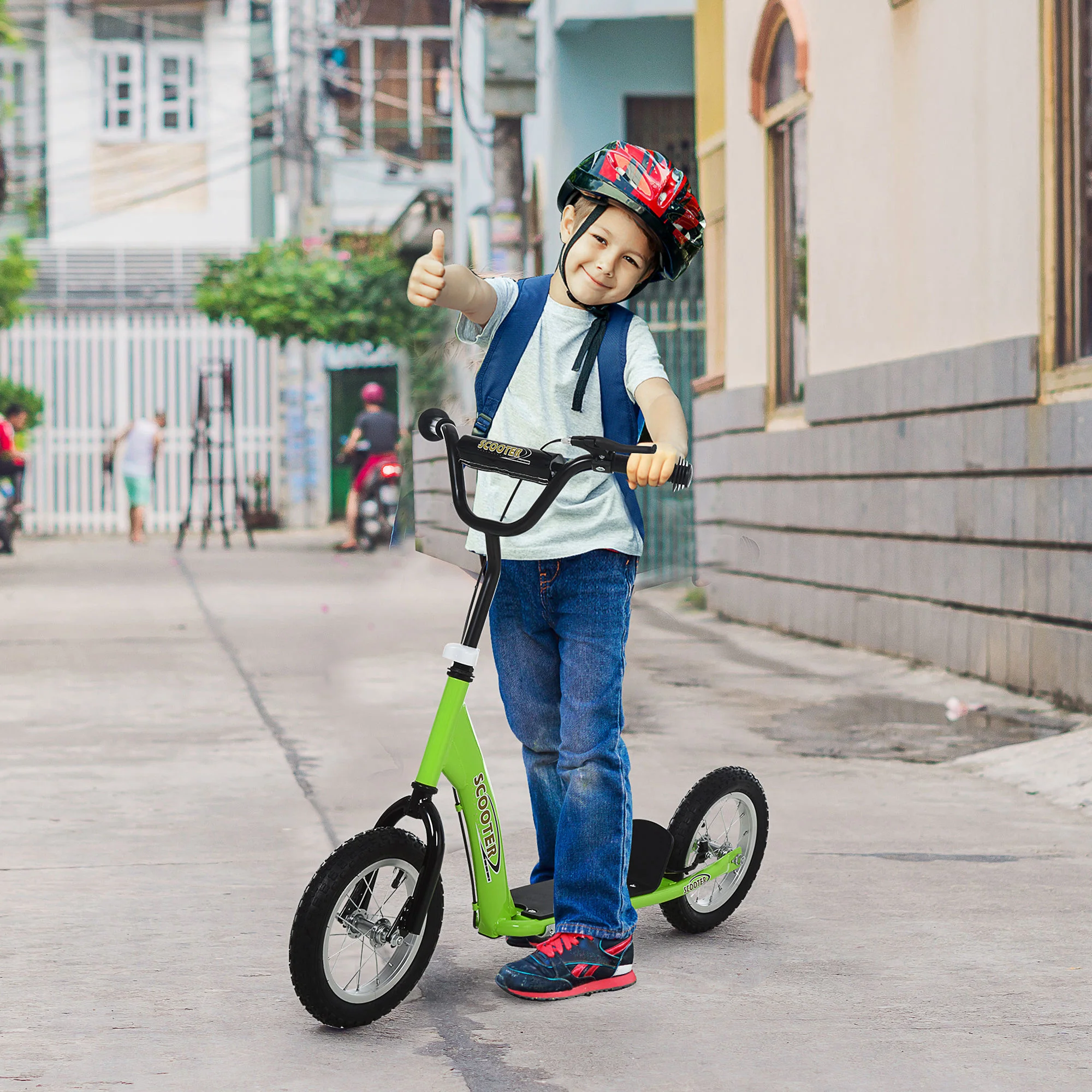 HOMCOM Kids Stunt Scooter With 12 Inch Rubber Wheels Adjustable Handlebar Green - Image 2