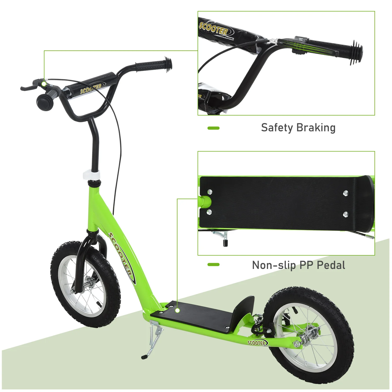 HOMCOM Kids Stunt Scooter With 12 Inch Rubber Wheels Adjustable Handlebar Green - Image 3