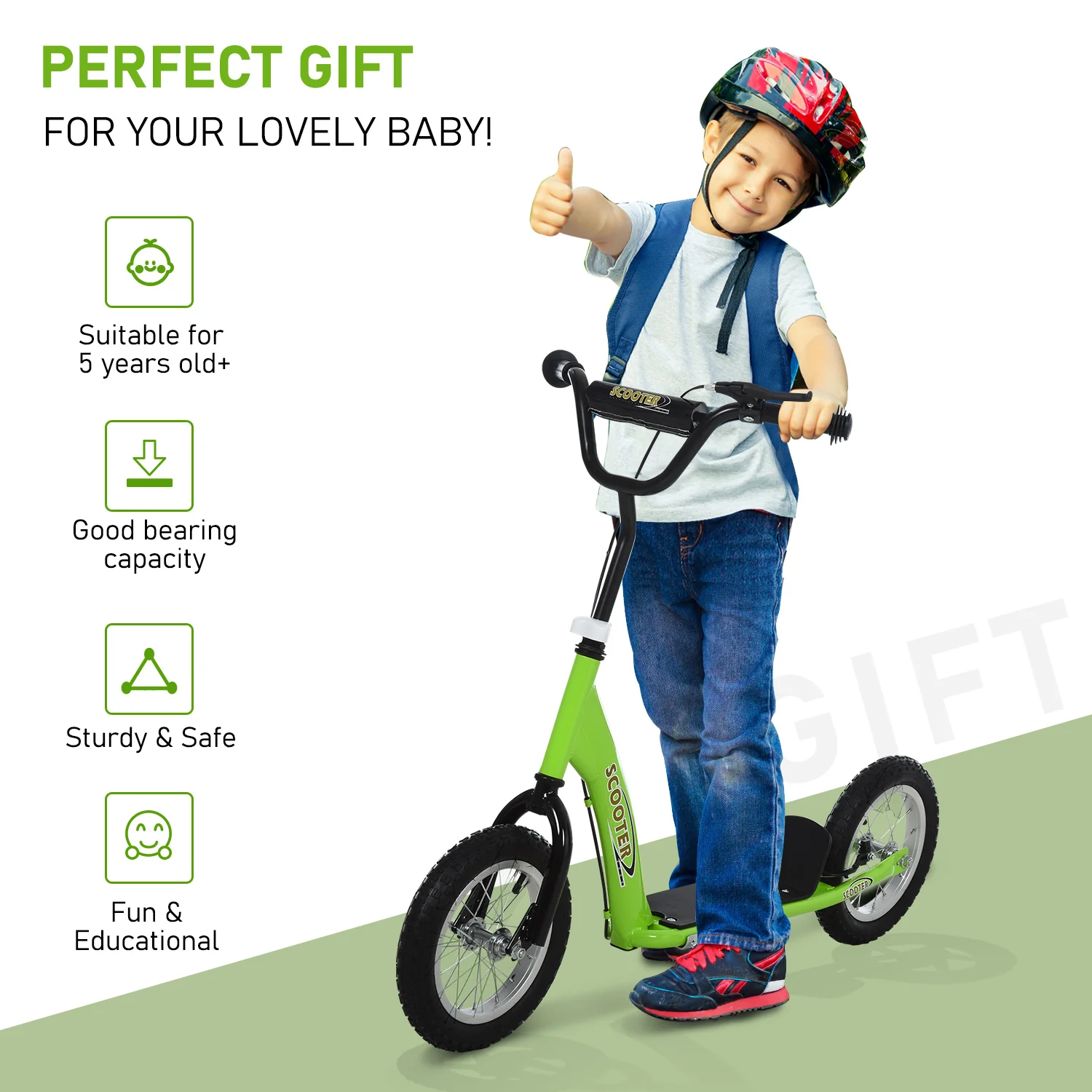 HOMCOM Kids Stunt Scooter With 12 Inch Rubber Wheels Adjustable Handlebar Green - Image 6