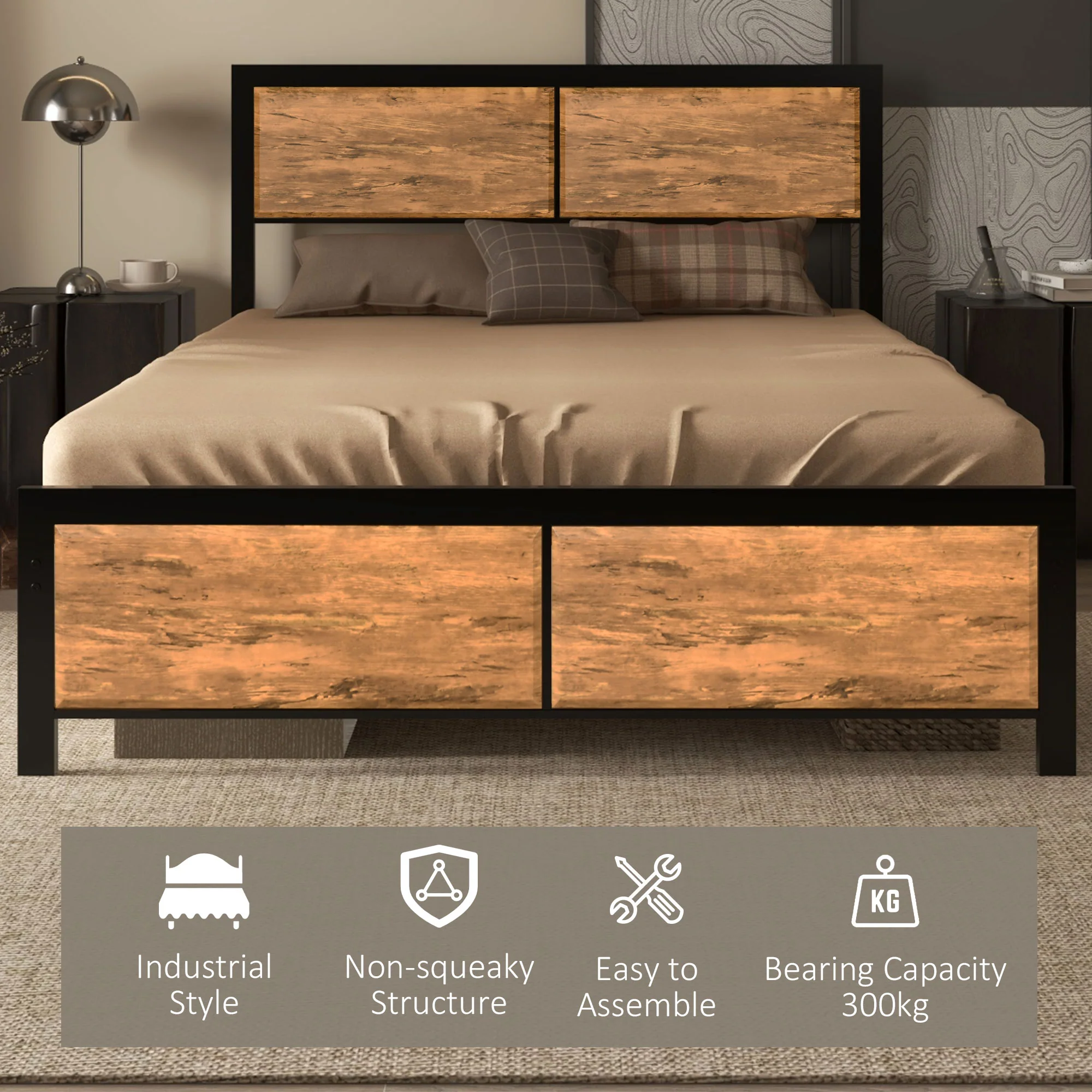 HOMCOM King Size Bed Frame Steel Bed Base with Headboard 160 x 207cm Brown - Image 3