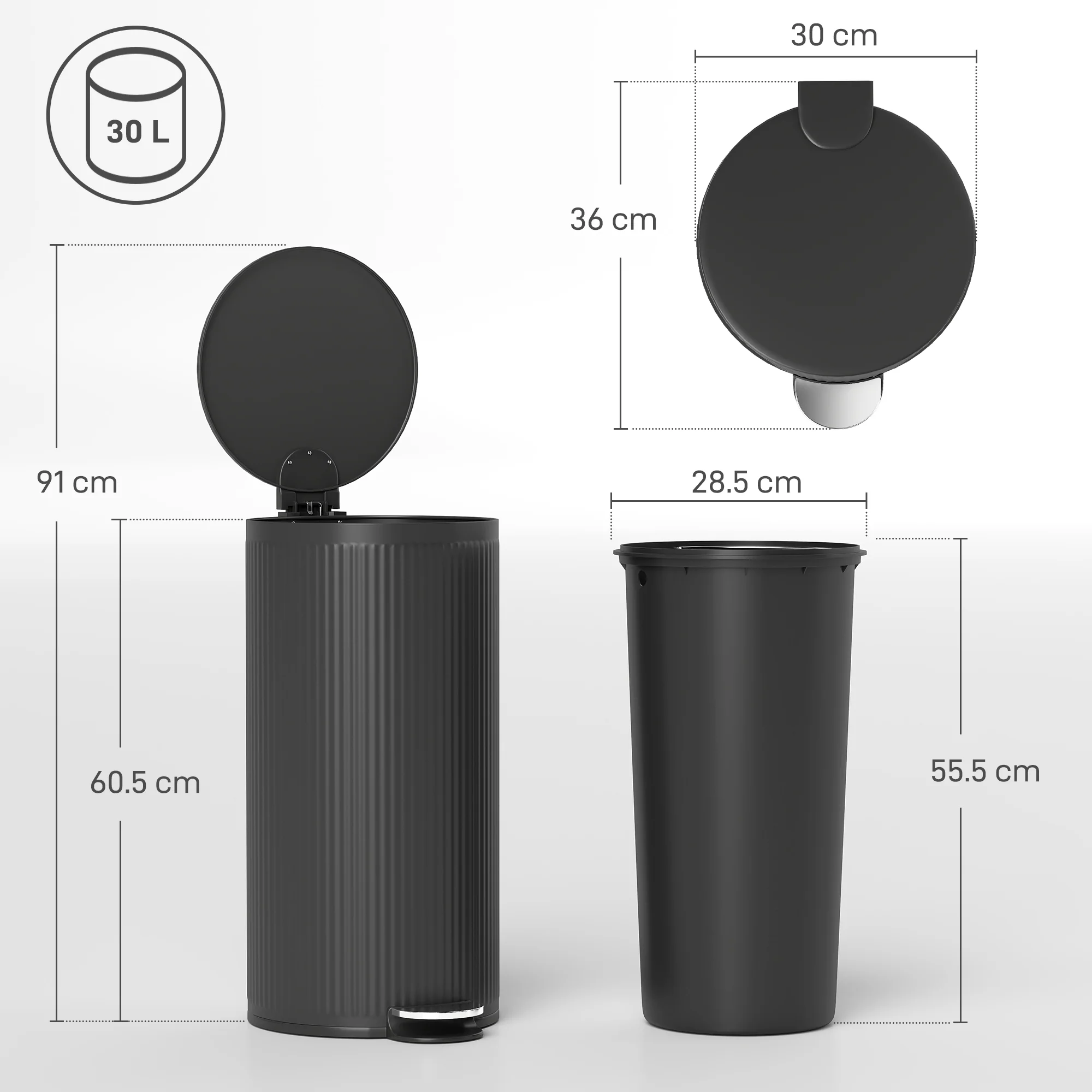 HOMCOM Kitchen Bin, 30 Litre Pedal Rubbish Bin With Removable Bucket, Black - Image 5