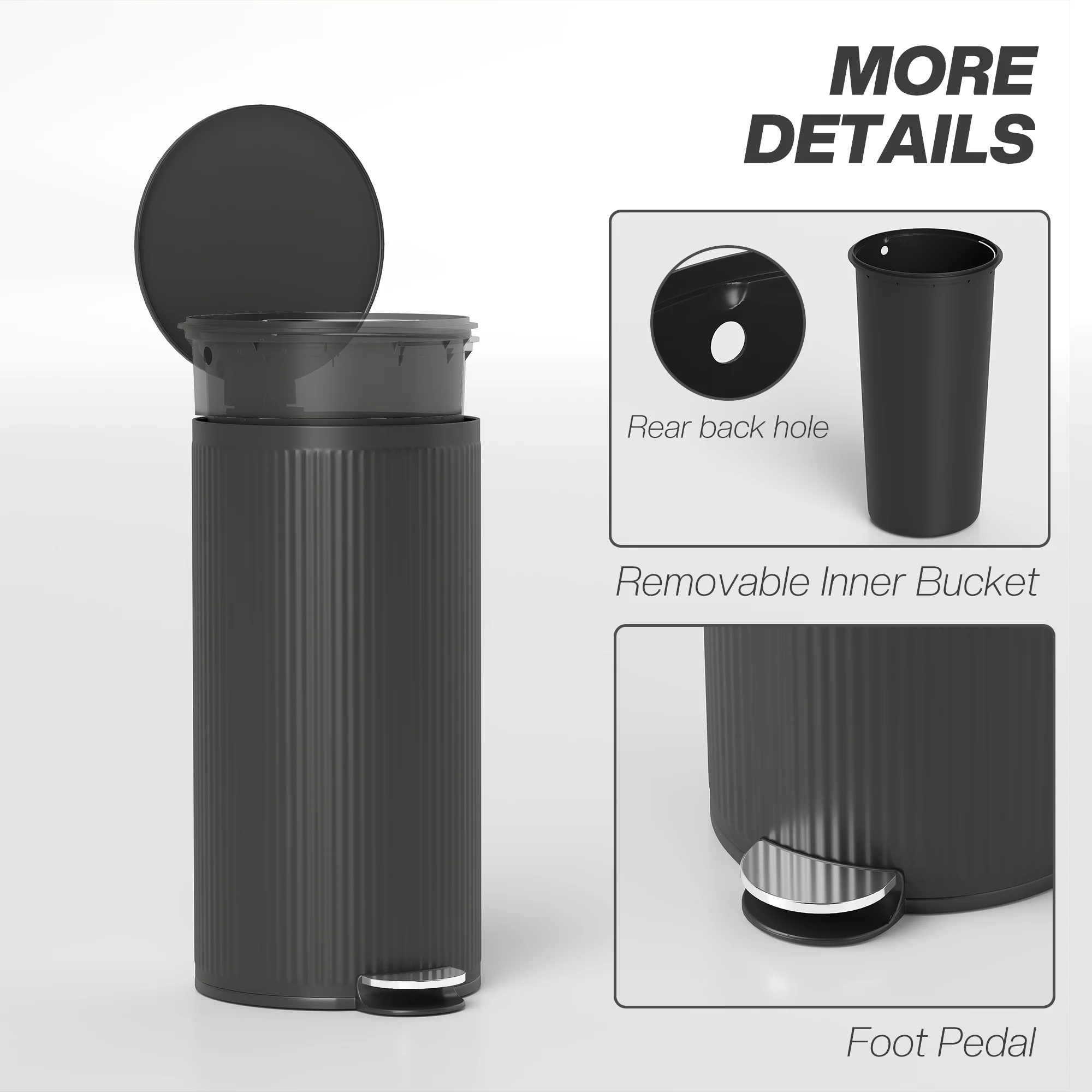 HOMCOM Kitchen Bin, 30 Litre Pedal Rubbish Bin With Removable Bucket, Black - Image 7