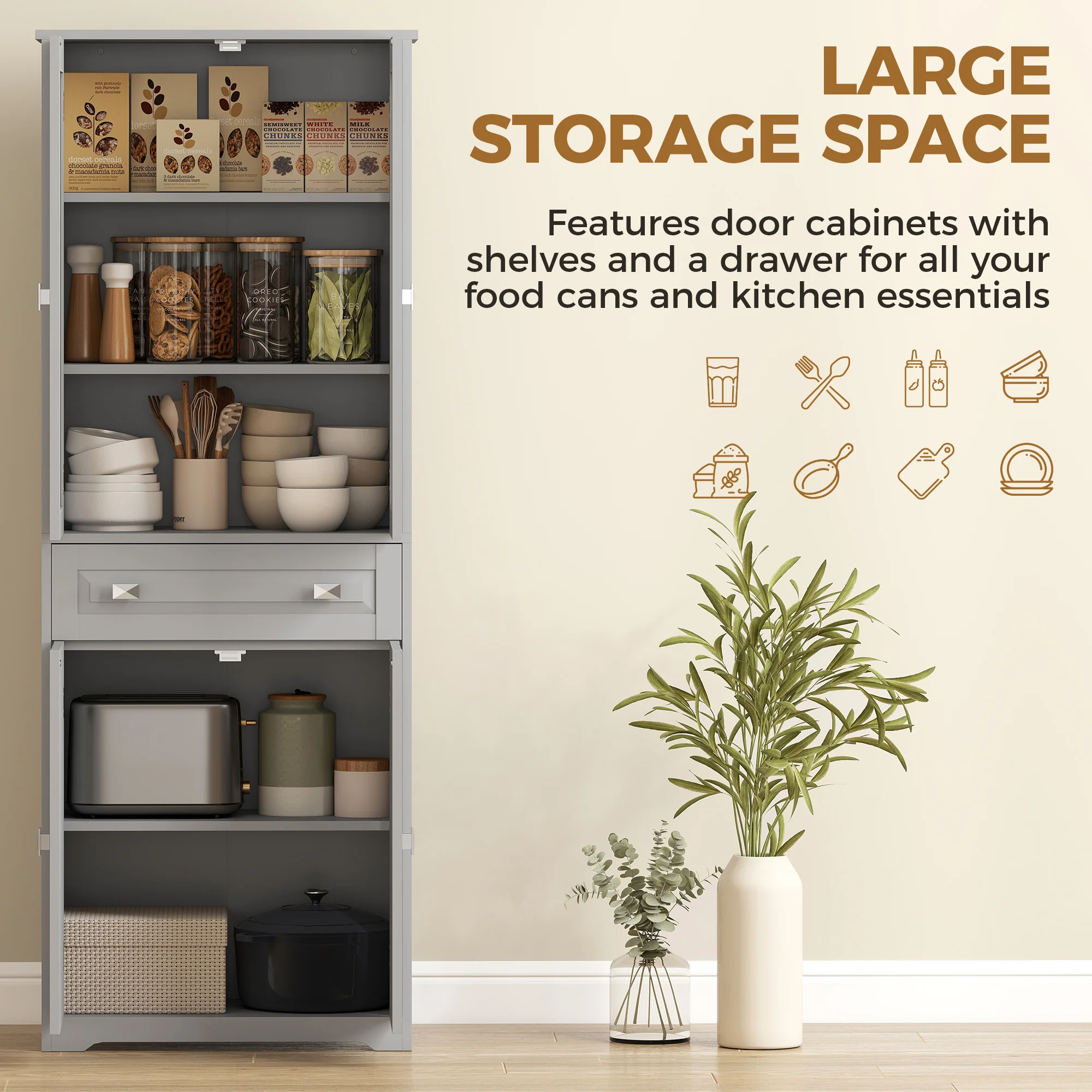 HOMCOM Kitchen Cupboard Storage Cabinet Adjustable Shelves, Glass Door, Grey - Image 3