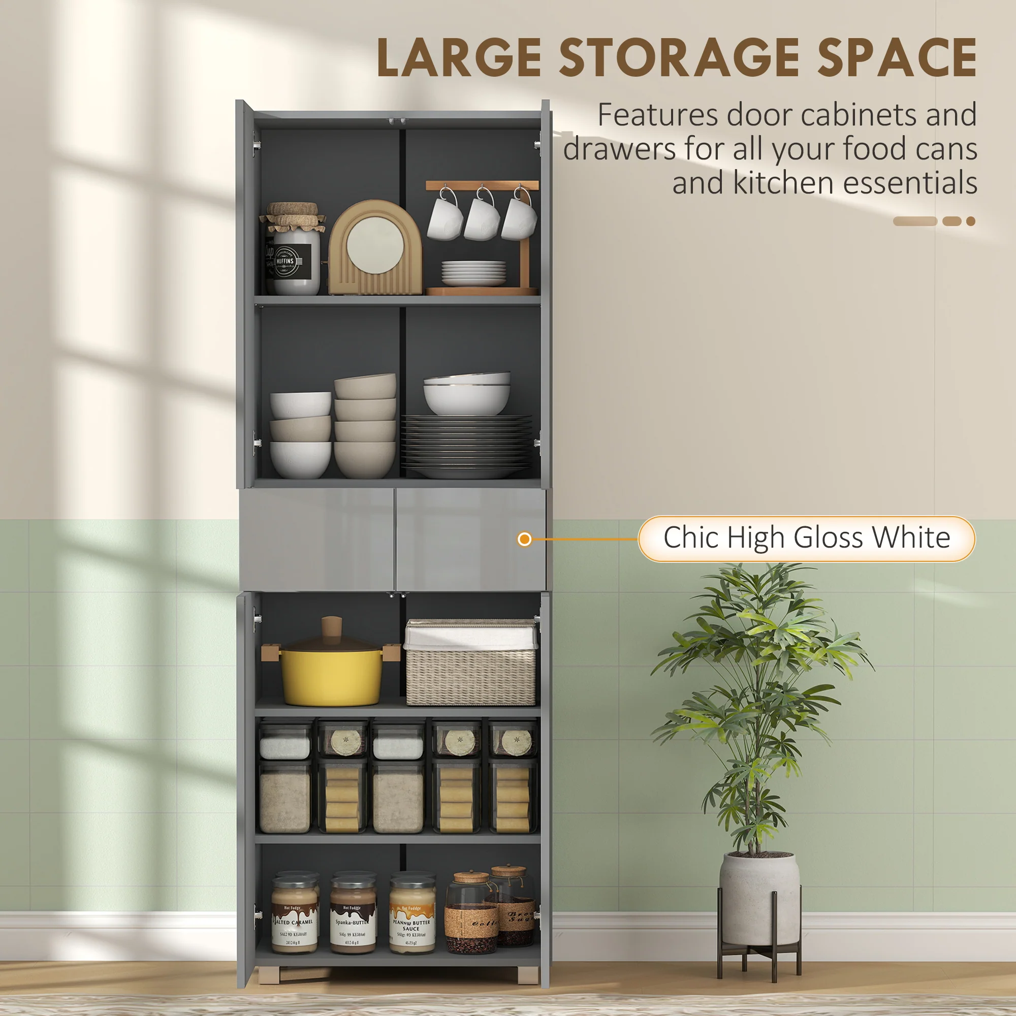 HOMCOM Kitchen Cupboard Storage Cabinet Push Open Doors and Drawers, Grey - Image 3
