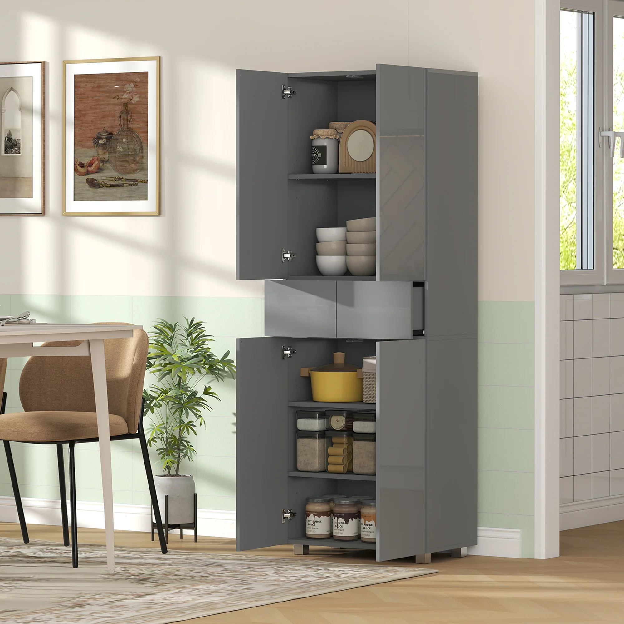 HOMCOM Kitchen Cupboard Storage Cabinet Push Open Doors and Drawers, Grey - Image 8