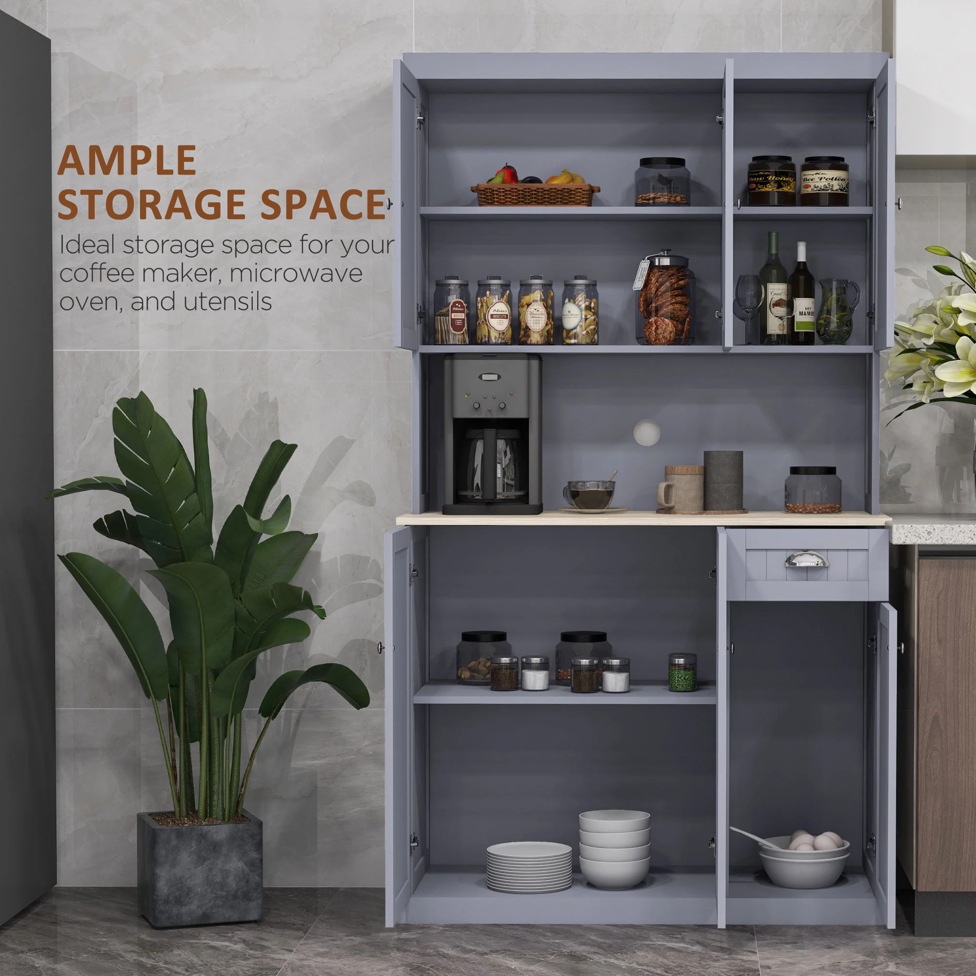 HOMCOM Kitchen Cupboard Storage Cabinet With Adjustable Shelves, Grey - Image 3