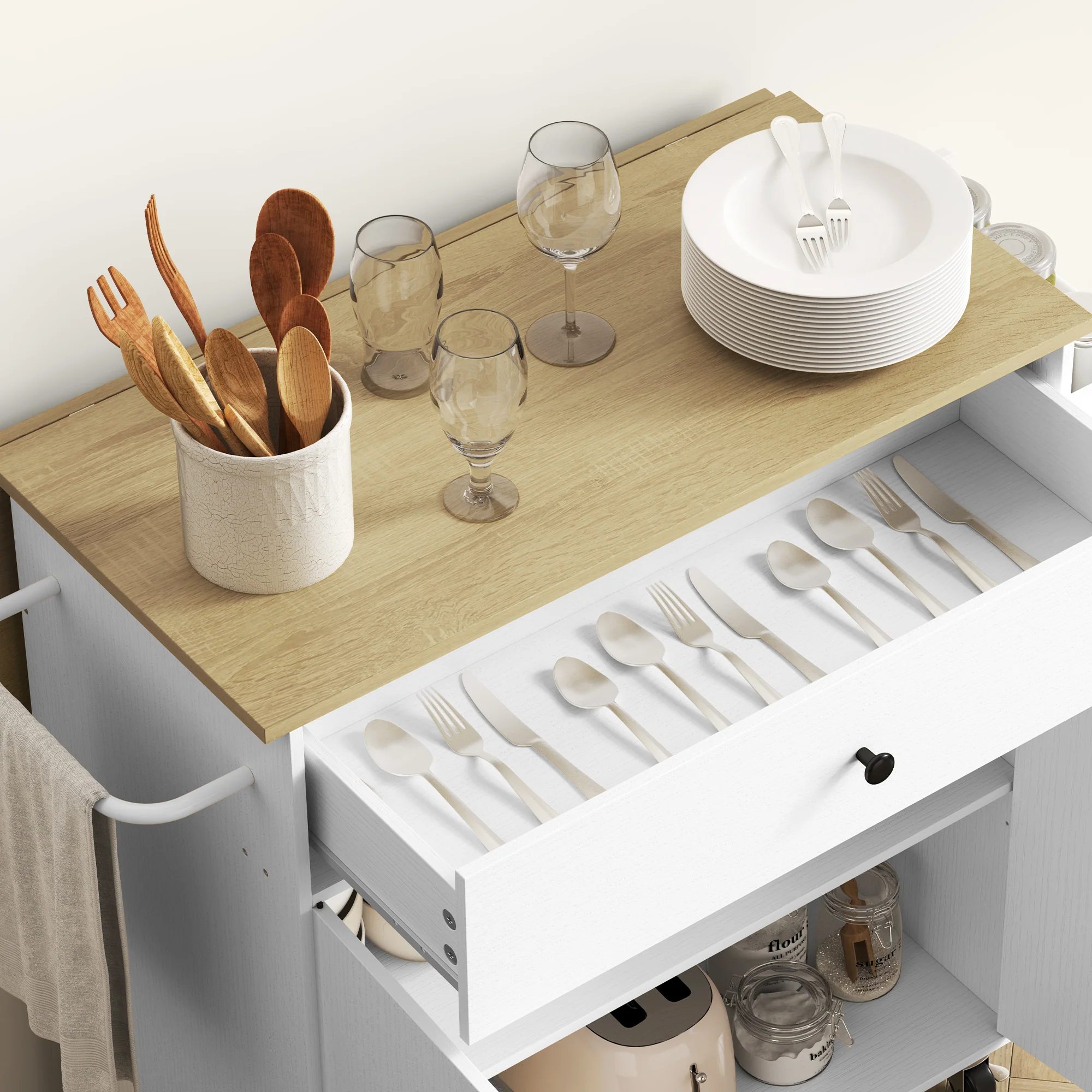HOMCOM Kitchen Island With Drop Leaf, Rolling Kitchen Storage Trolley, White - Image 9