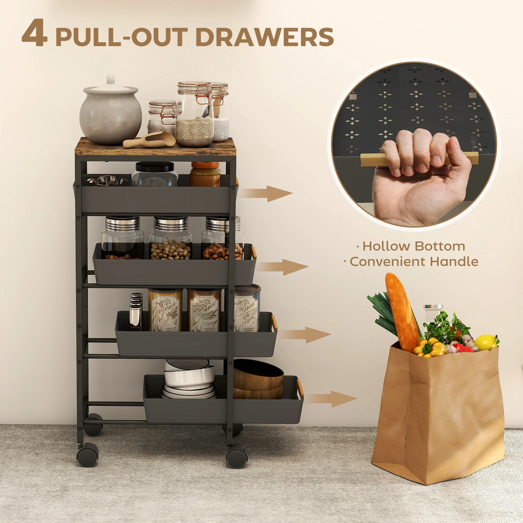 HOMCOM Kitchen Storage Trolley Mobile Utility Cart for Kitchen Office - Image 3