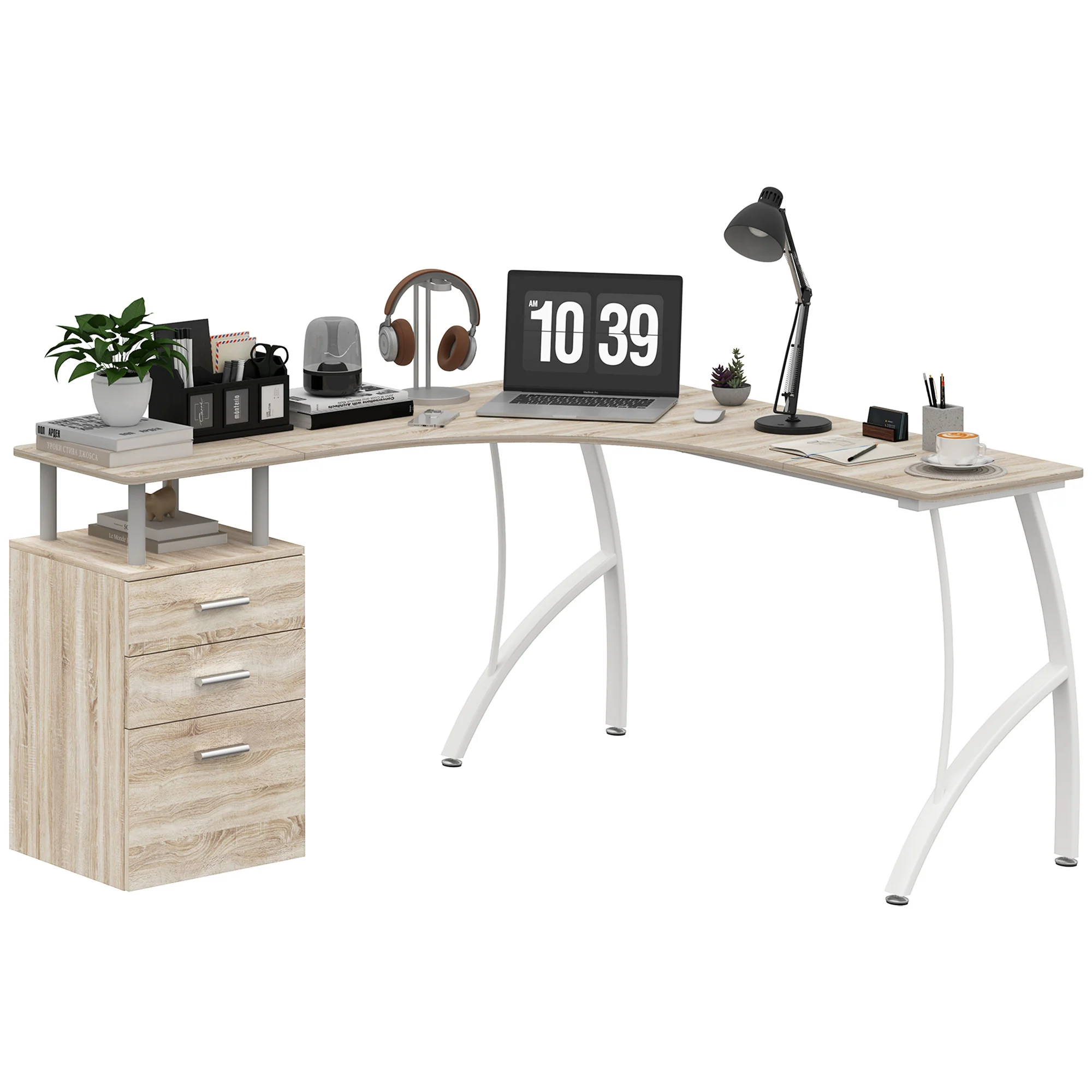 HOMCOM L-Shaped Corner PC Desk Table w/ Drawer Home Office Workstation, Oak