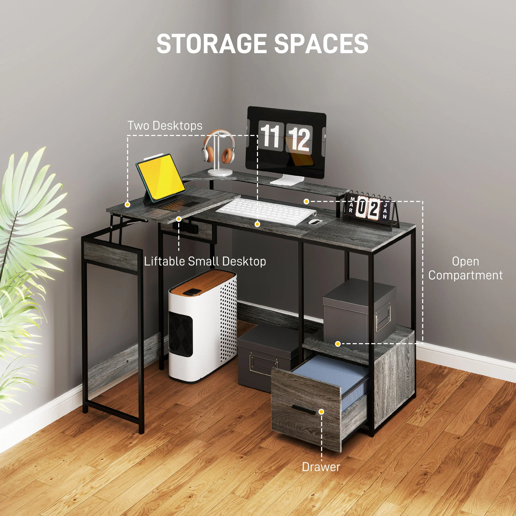HOMCOM L Shaped Desk, Computer Table With Liftable Desktop - Image 3