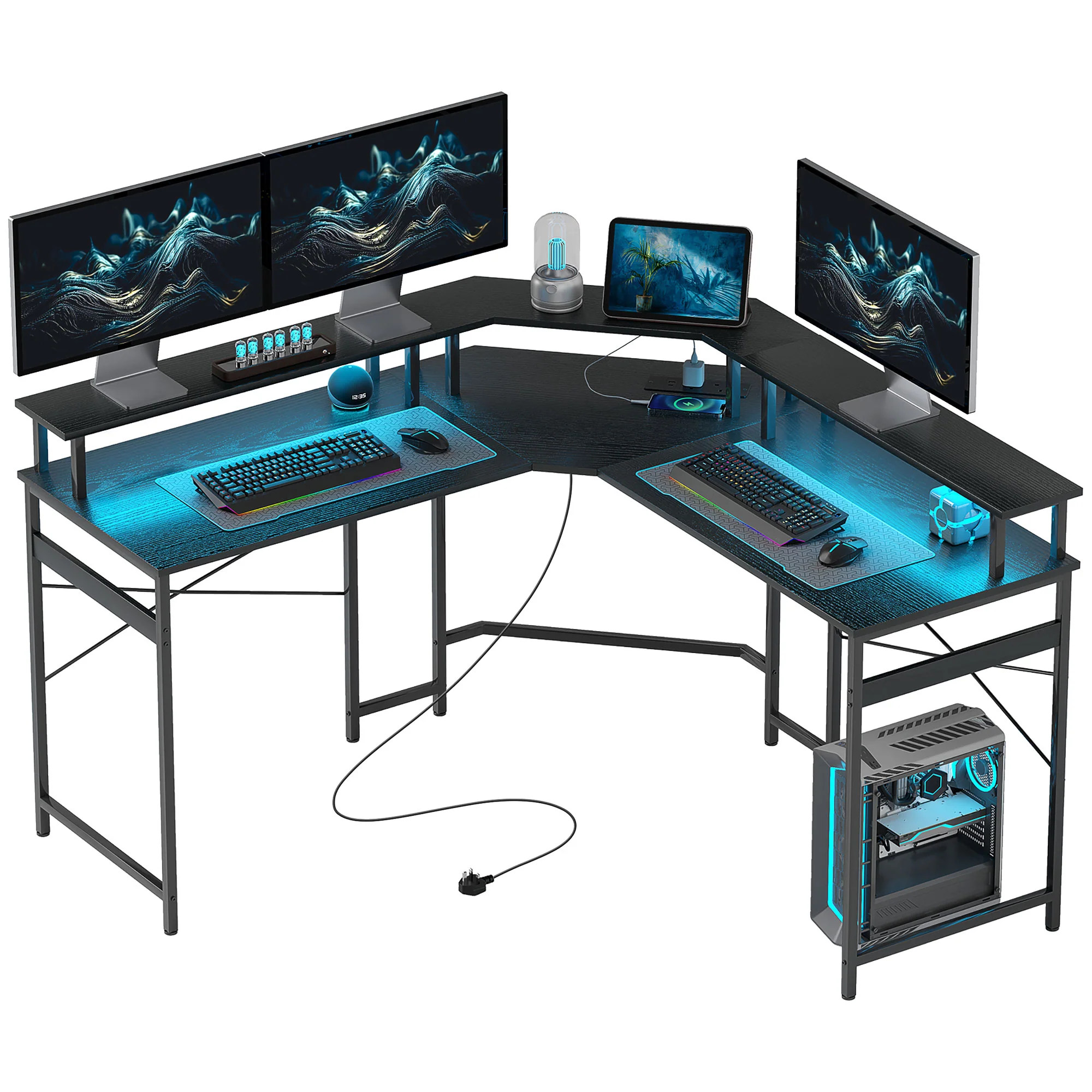 HOMCOM L Shaped Desk Corner Computer Desk with Monitor Stand, Black