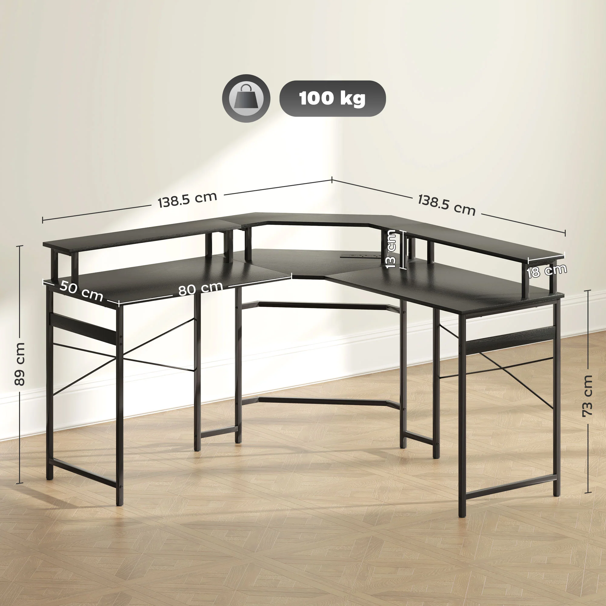 HOMCOM L Shaped Desk Corner Computer Desk with Monitor Stand, Black - Image 5