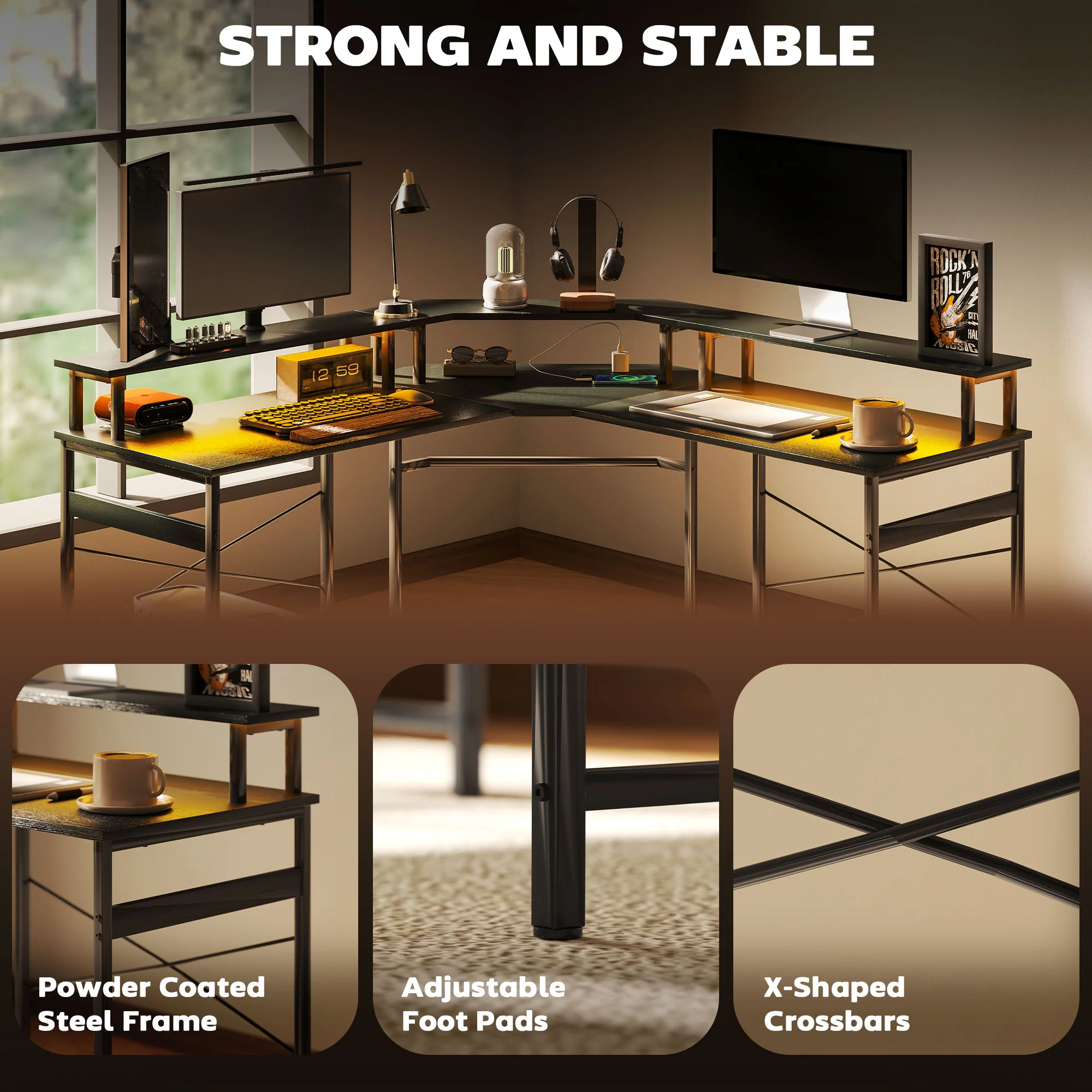 HOMCOM L Shaped Desk Corner Computer Desk with Monitor Stand, Black - Image 7
