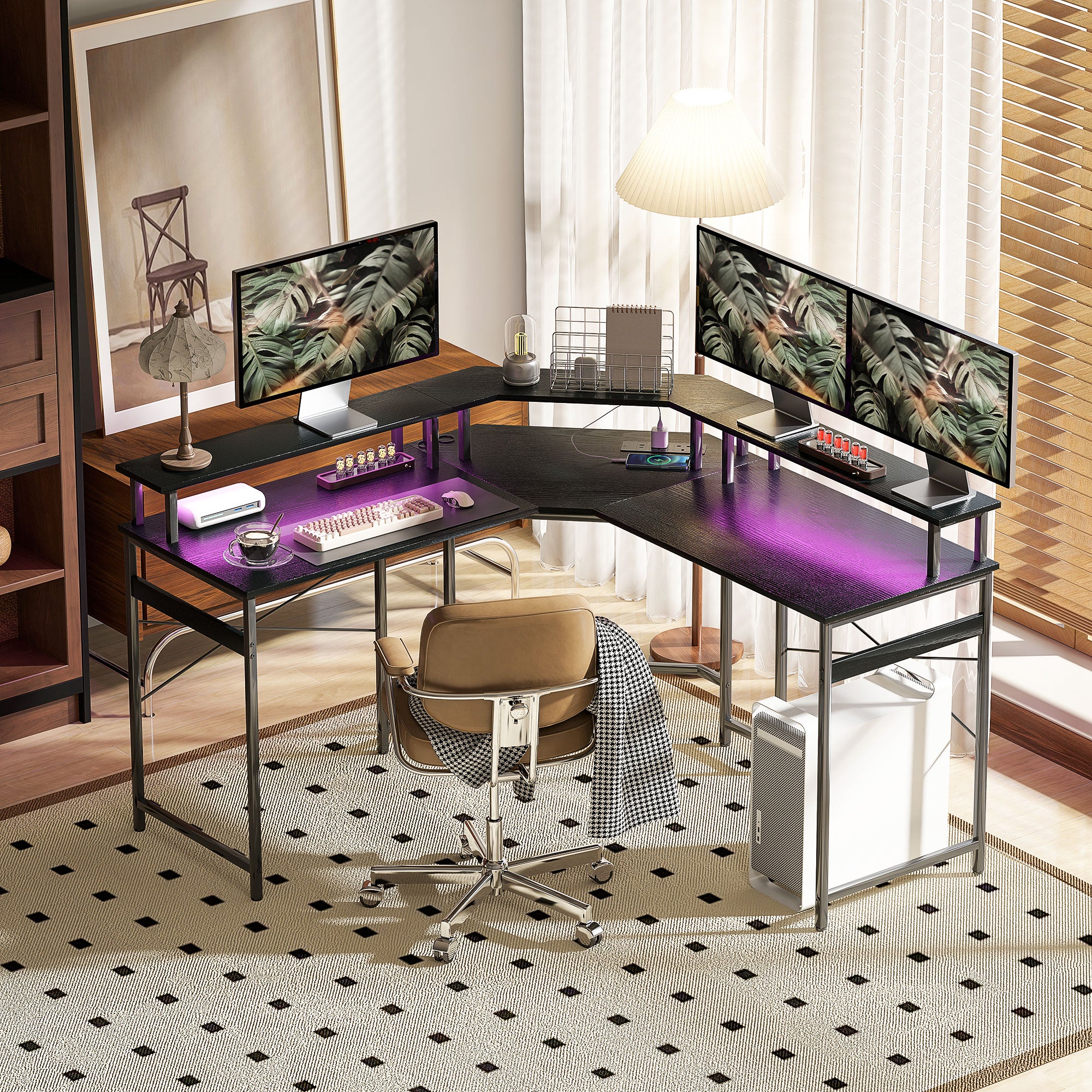 HOMCOM L Shaped Desk Corner Computer Desk with Monitor Stand, Black - Image 8