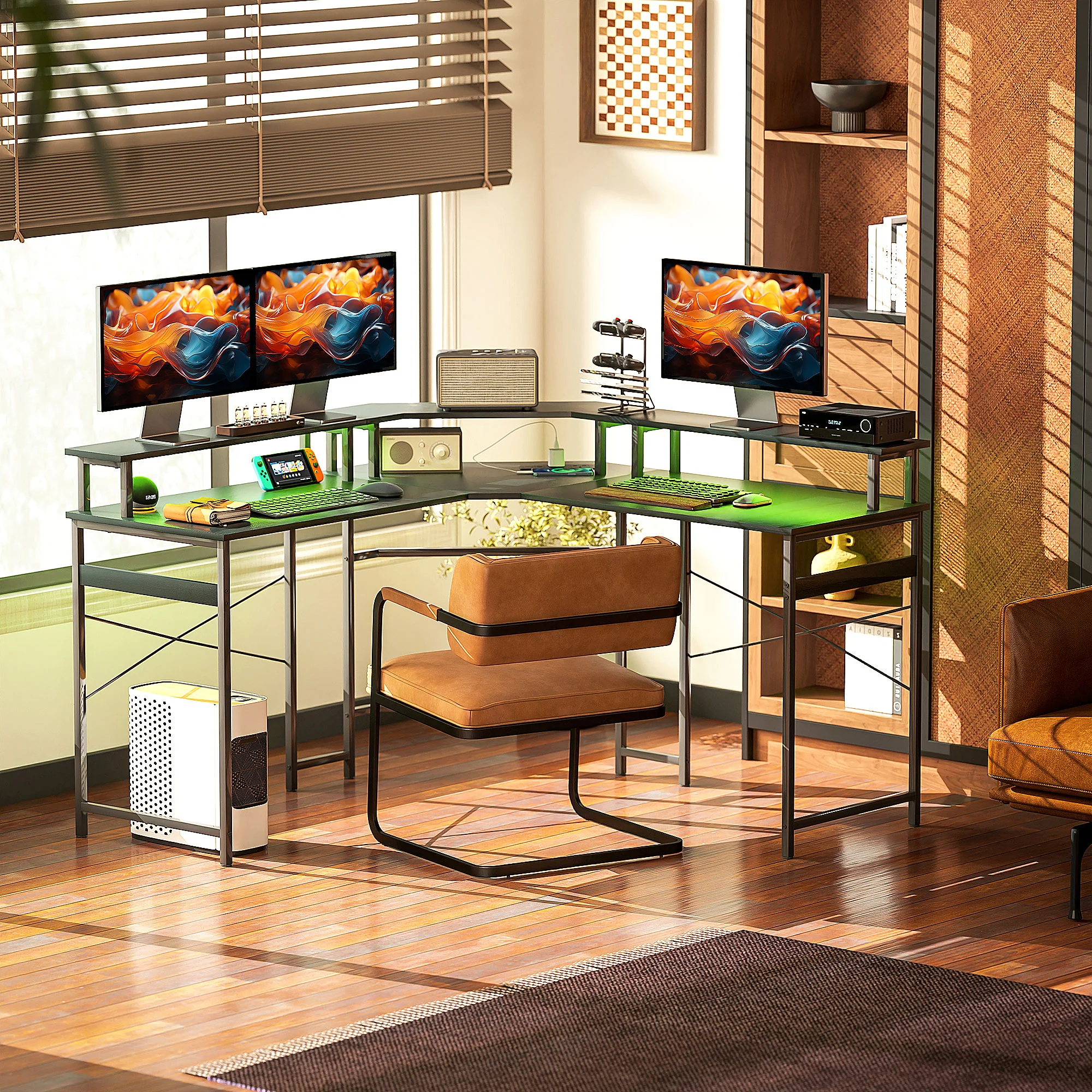 HOMCOM L Shaped Desk Corner Computer Desk with Monitor Stand, Black - Image 9
