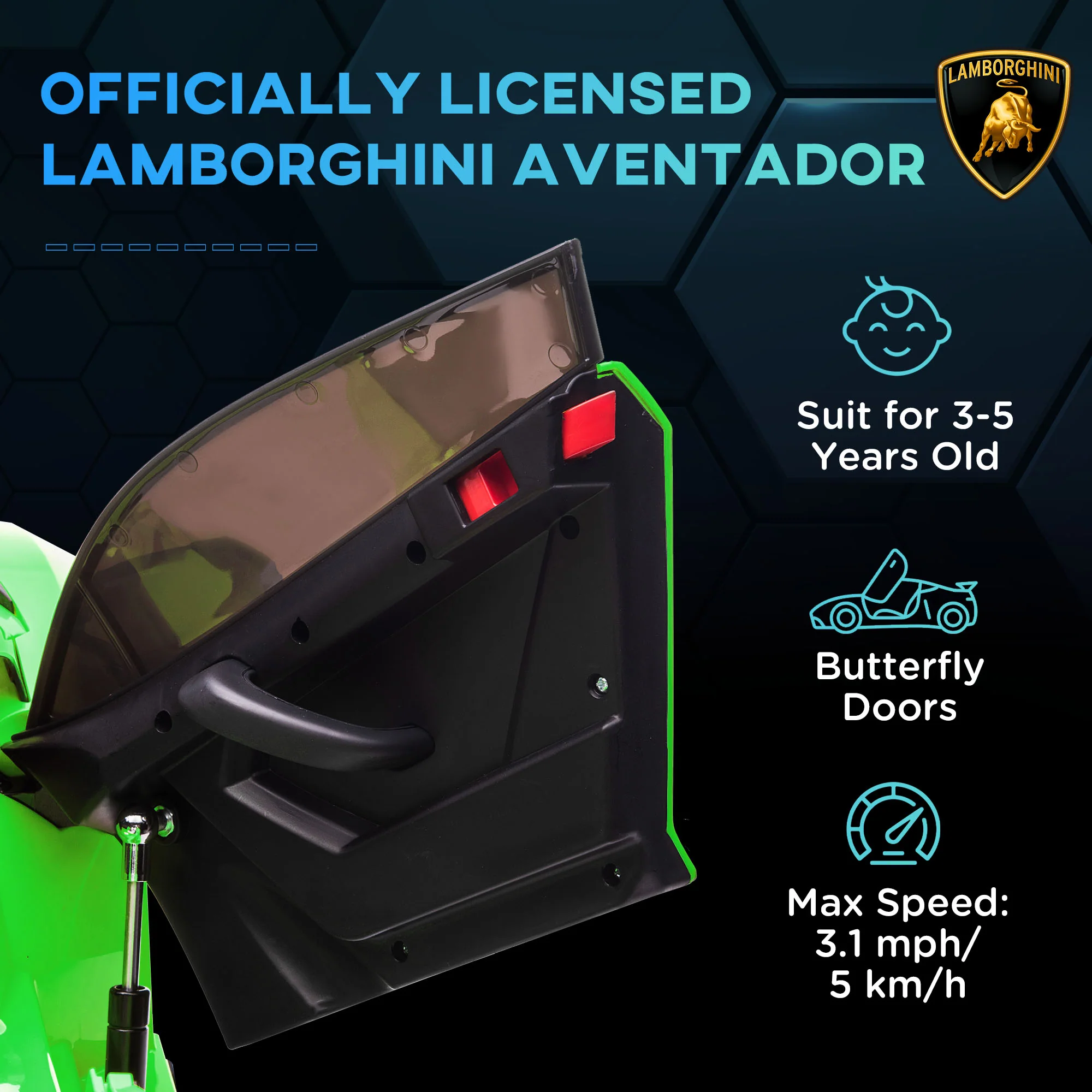 HOMCOM Lamborghini Aventador Licensed 12V Kids Electric Ride On Car - Green - Image 3