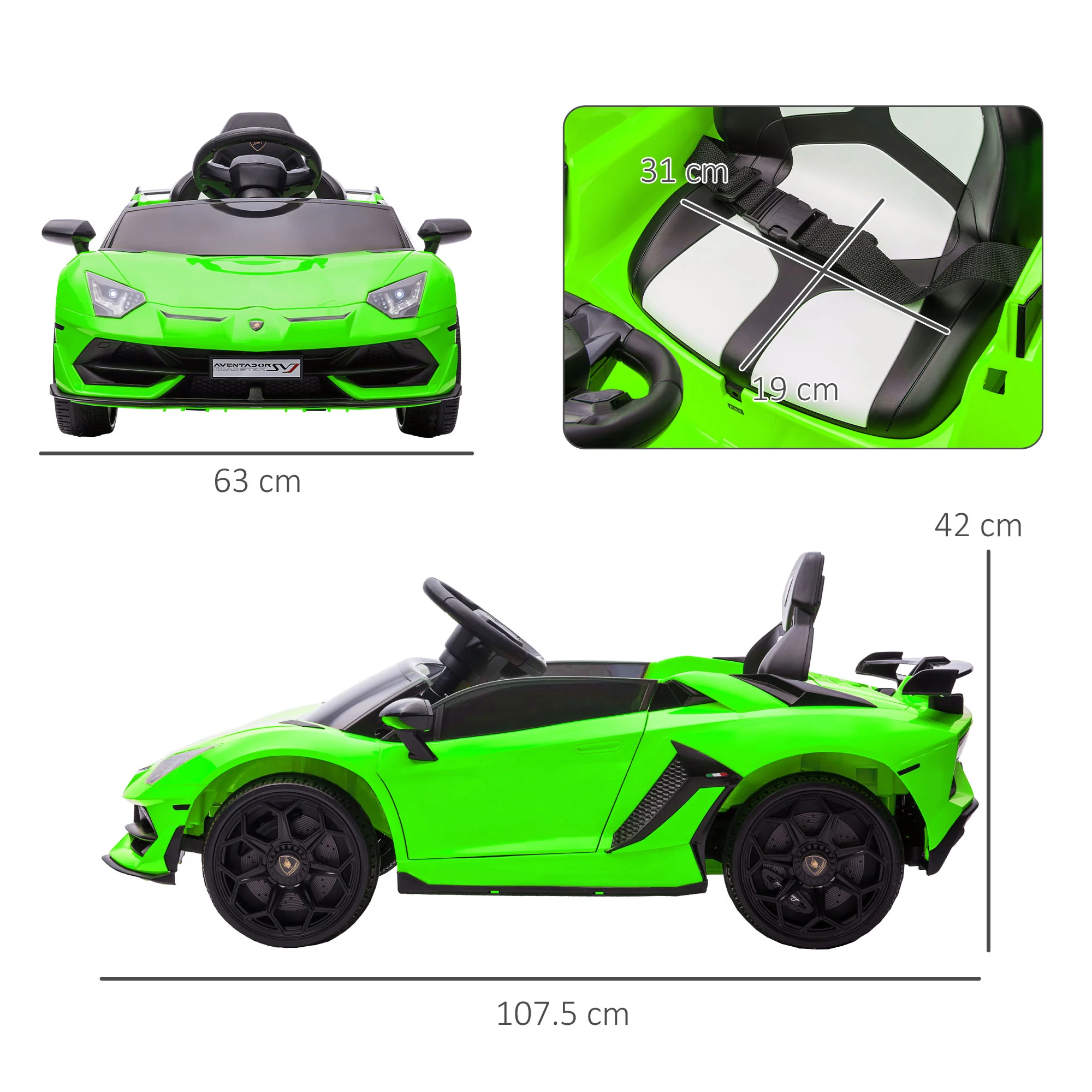 HOMCOM Lamborghini Aventador Licensed 12V Kids Electric Ride On Car - Green - Image 5