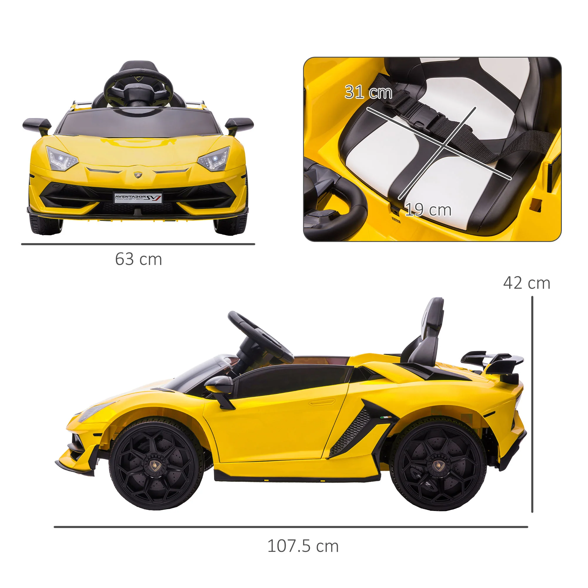 HOMCOM Lamborghini Aventador Licensed 12V Kids Electric Ride On Car - Yellow - Image 5