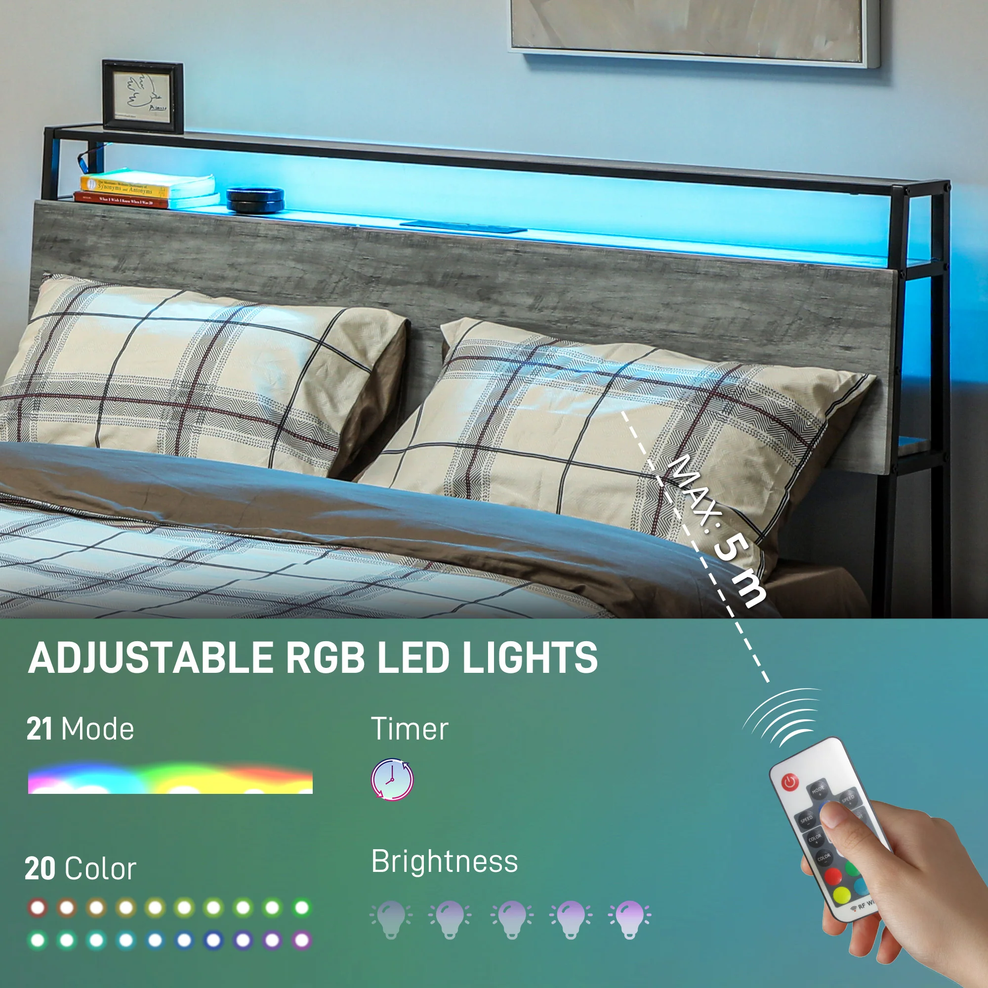 HOMCOM LED Cement Grey Bed Frame with Charging Station - Image 21