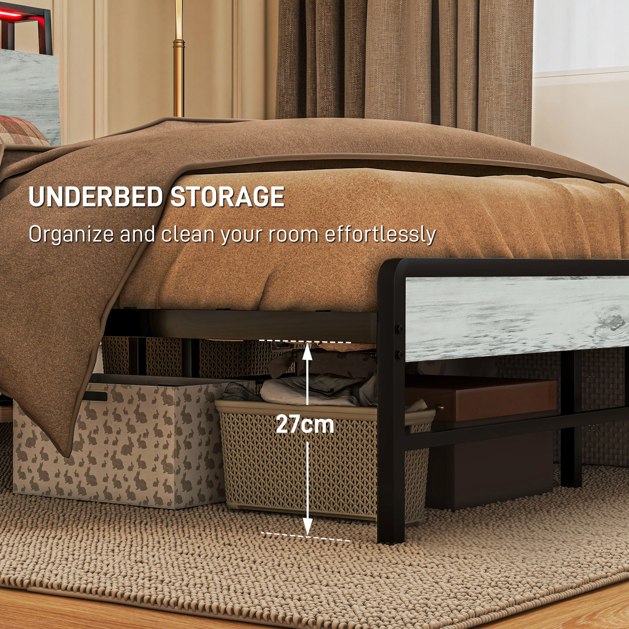 HOMCOM LED Cement Grey Bed Frame with Charging Station - Image 7