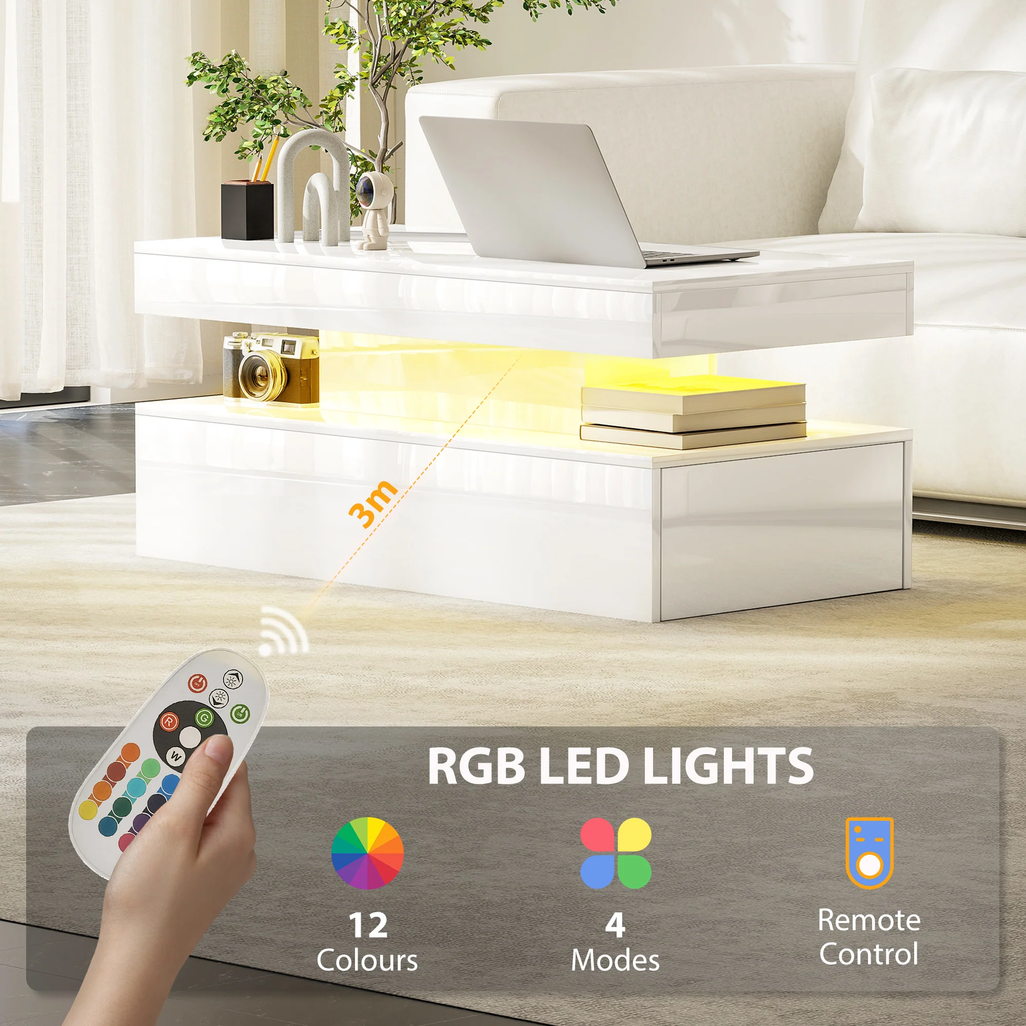 HOMCOM LED Coffee Table With Storage, High Gloss Living Room Table, White - Image 3