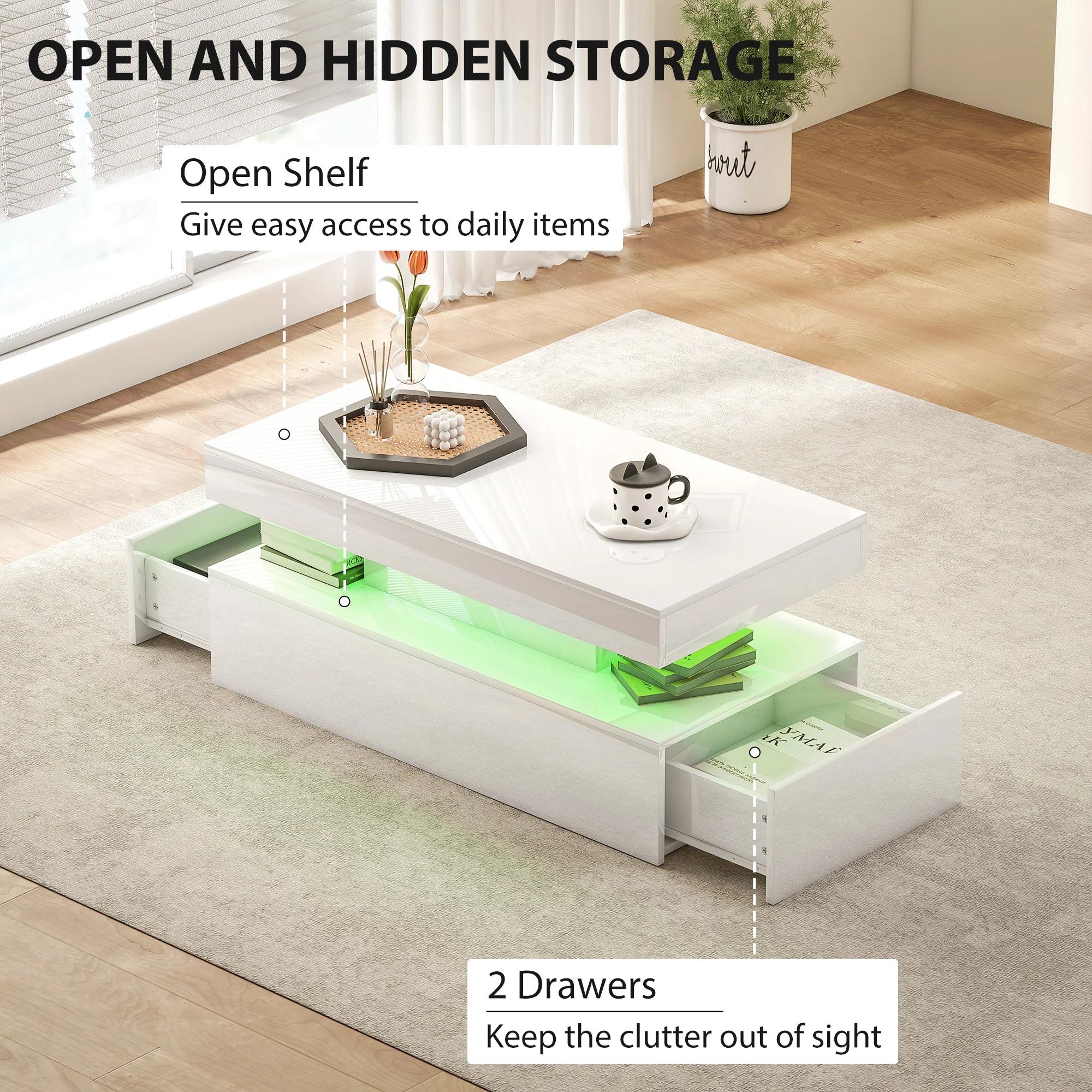 HOMCOM LED Coffee Table With Storage, High Gloss Living Room Table, White - Image 4