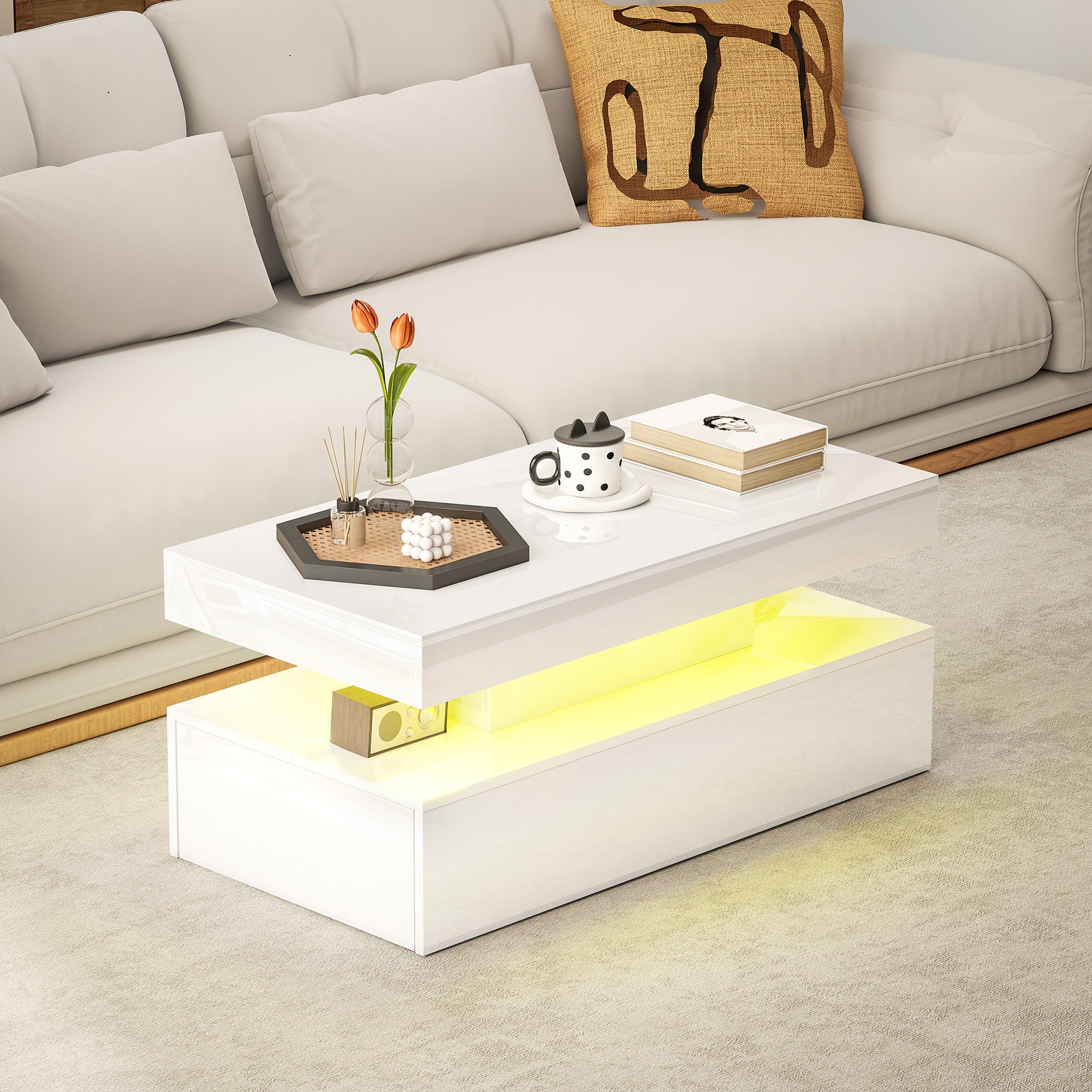 HOMCOM LED Coffee Table With Storage, High Gloss Living Room Table, White - Image 7