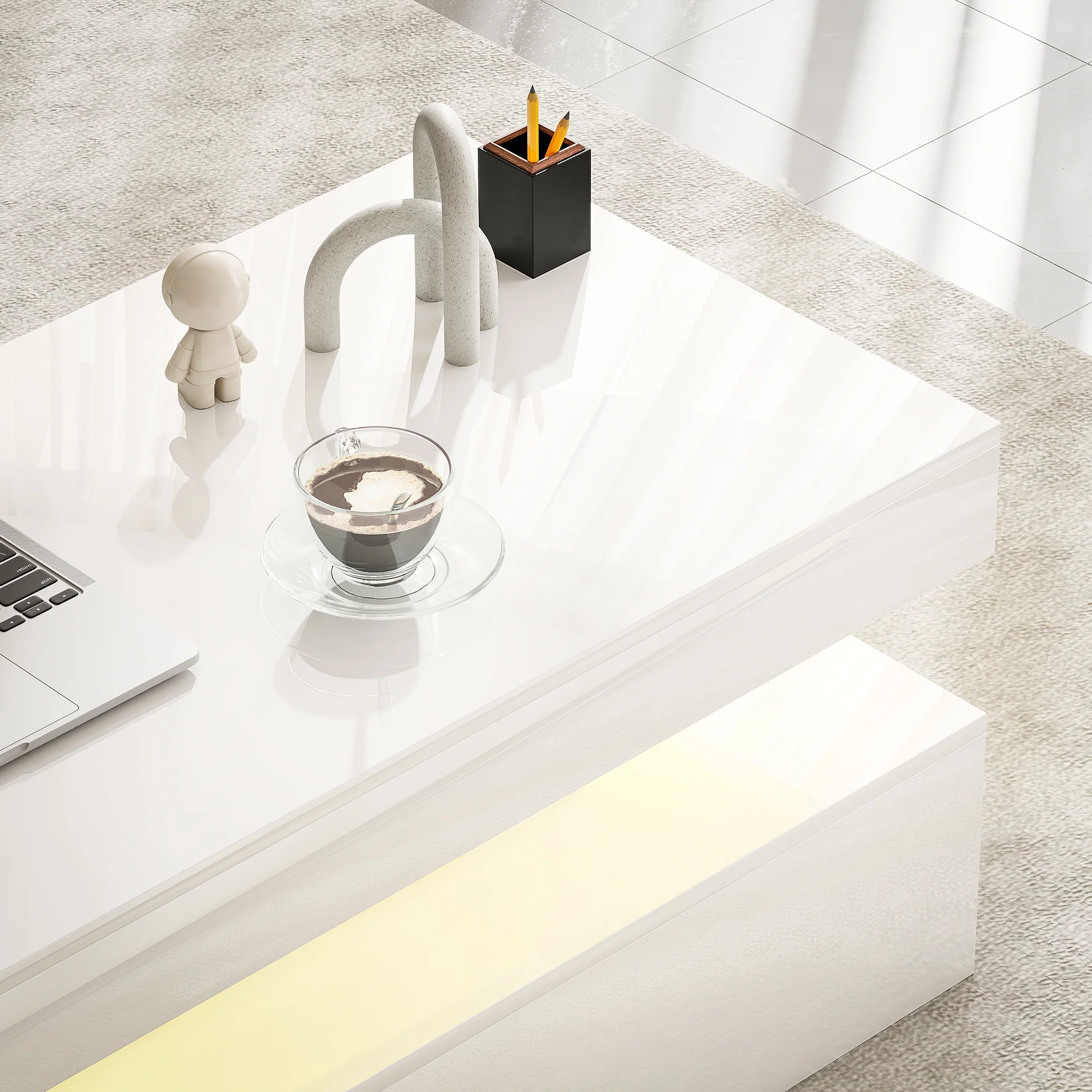 HOMCOM LED Coffee Table With Storage, High Gloss Living Room Table, White - Image 9