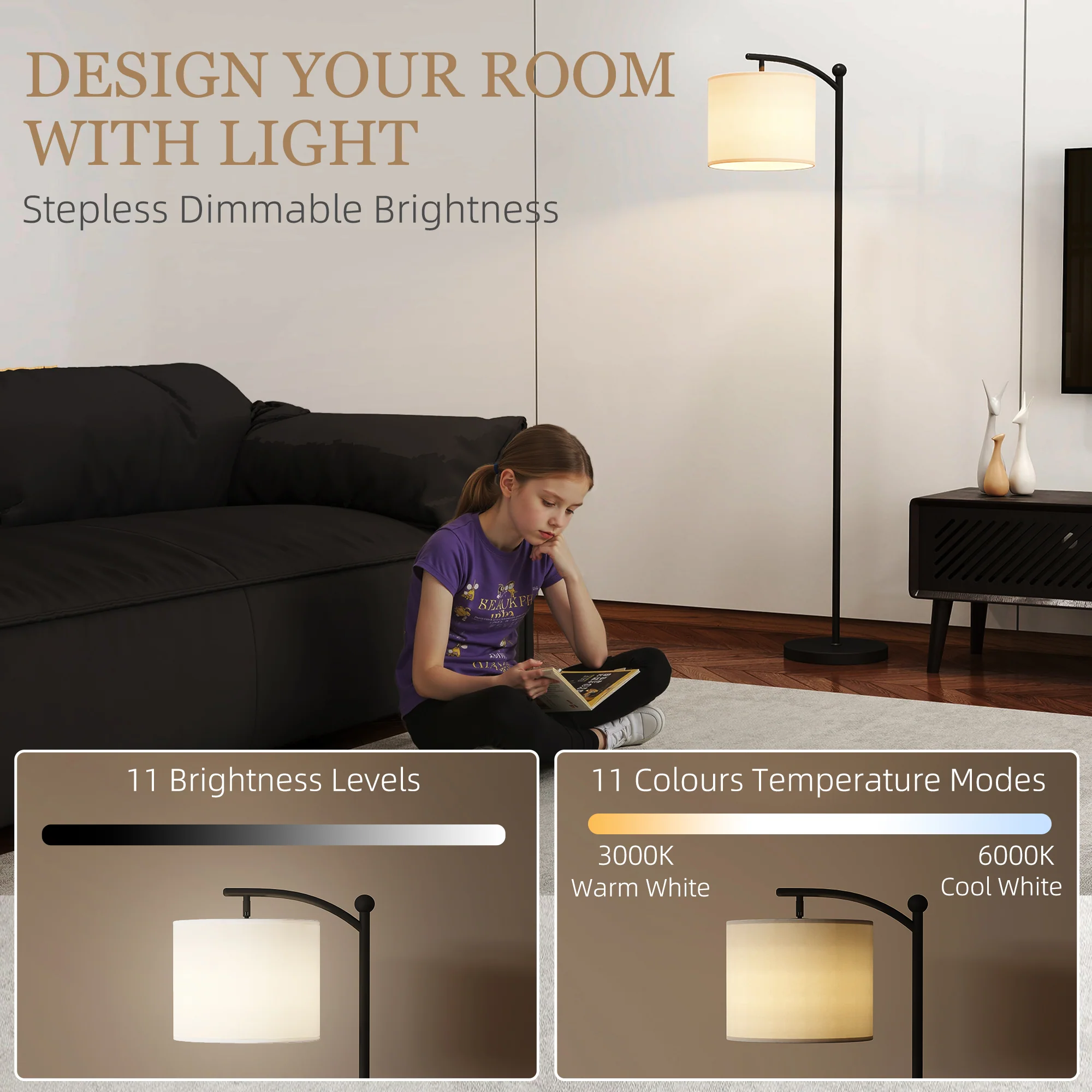 HOMCOM LED Floor Lamp with Dimmable Colours Temperature & Brightness, Black - Image 3