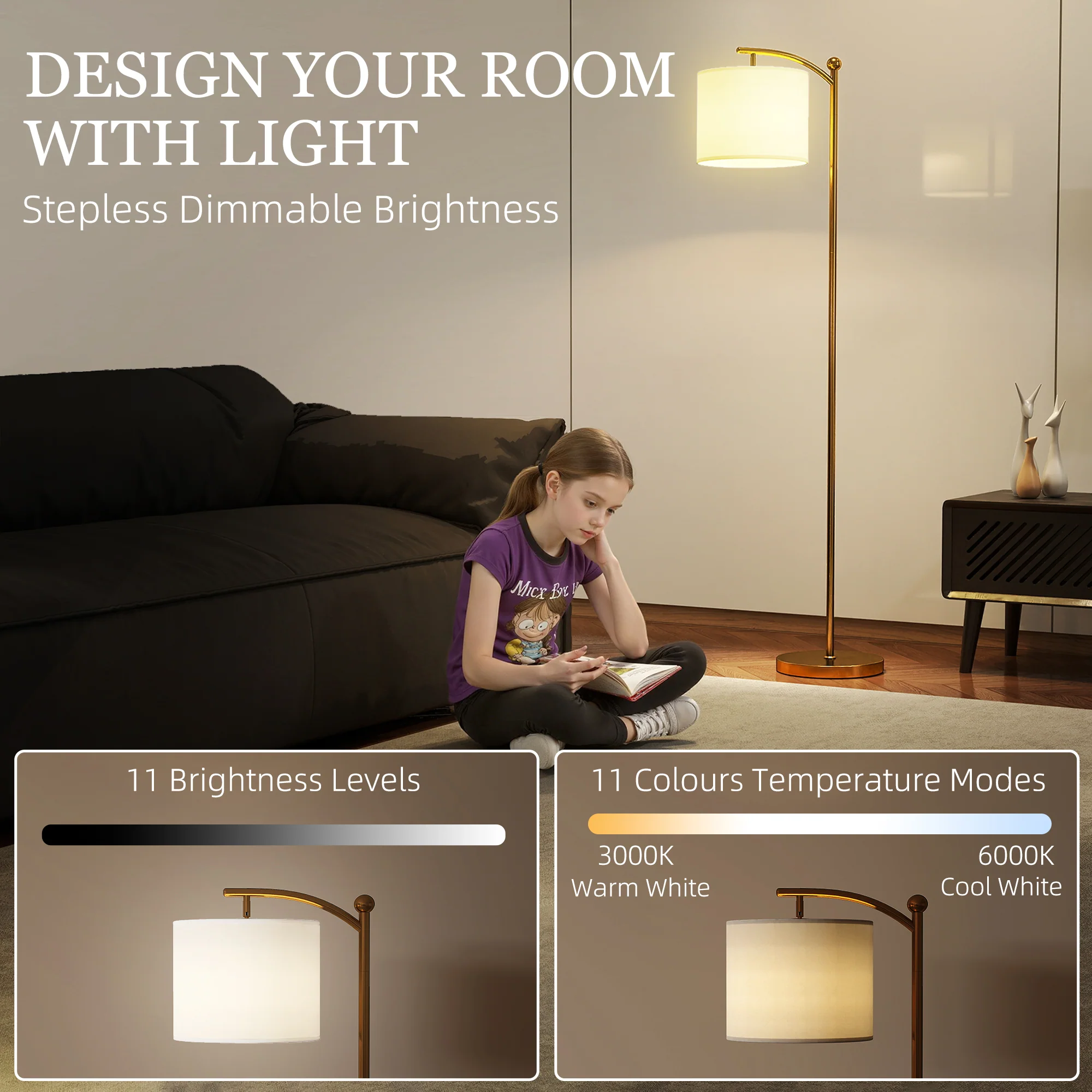 HOMCOM LED Floor Lamp with Dimmable Colours Temperature & Brightness, Gold - Image 3
