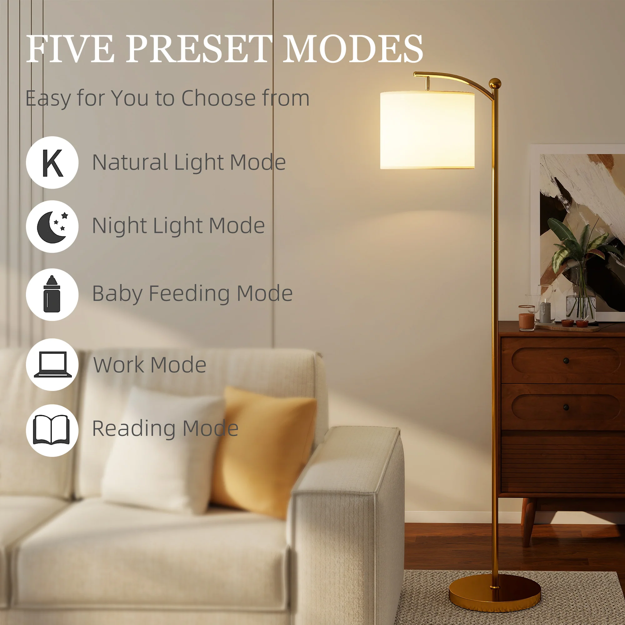 HOMCOM LED Floor Lamp with Dimmable Colours Temperature & Brightness, Gold - Image 7