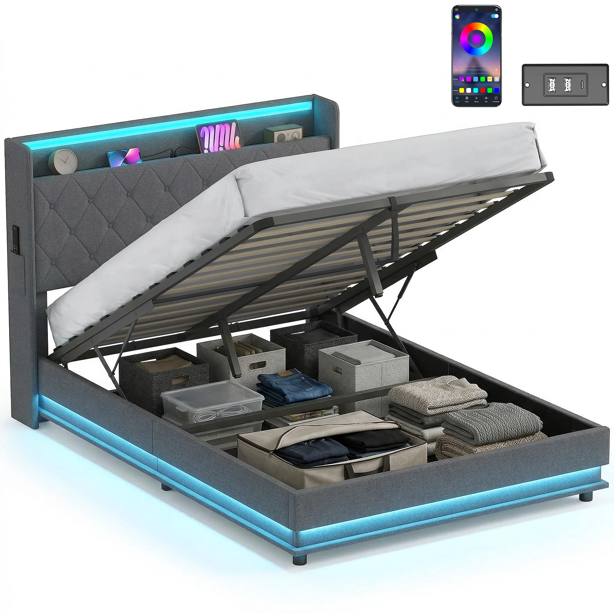 HOMCOM Lift up Storage Bed Frame with RGB LED Lights Dark Grey - Image 10