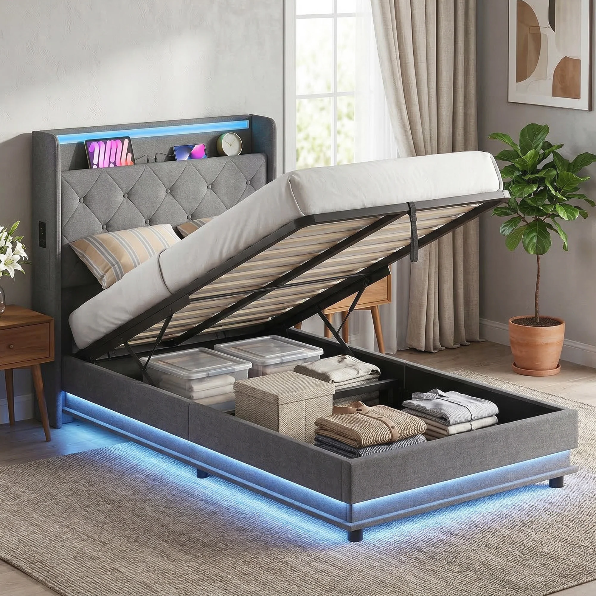 HOMCOM Lift up Storage Bed Frame with RGB LED Lights Dark Grey - Image 2