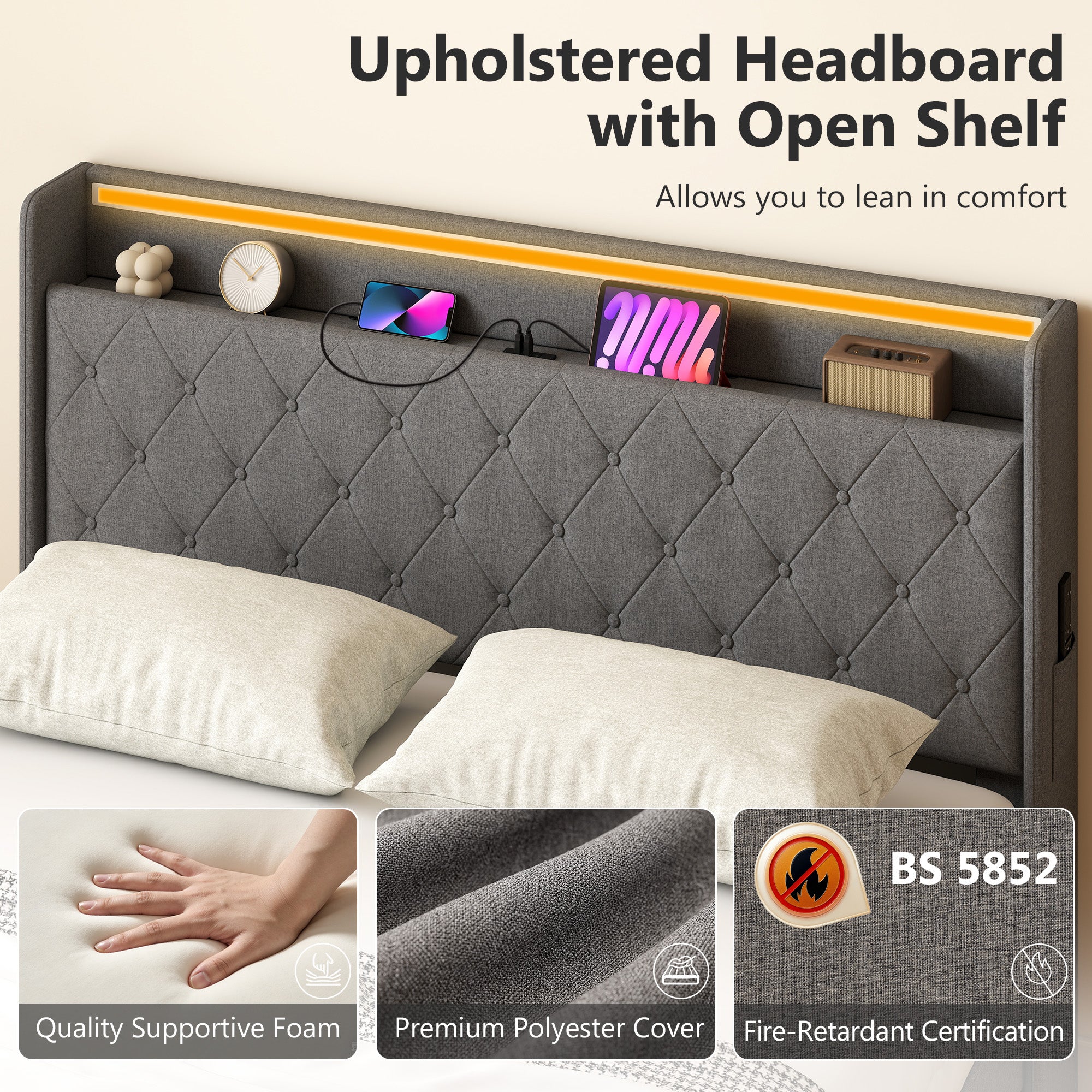 HOMCOM Lift up Storage Bed Frame with RGB LED Lights Dark Grey - Image 25